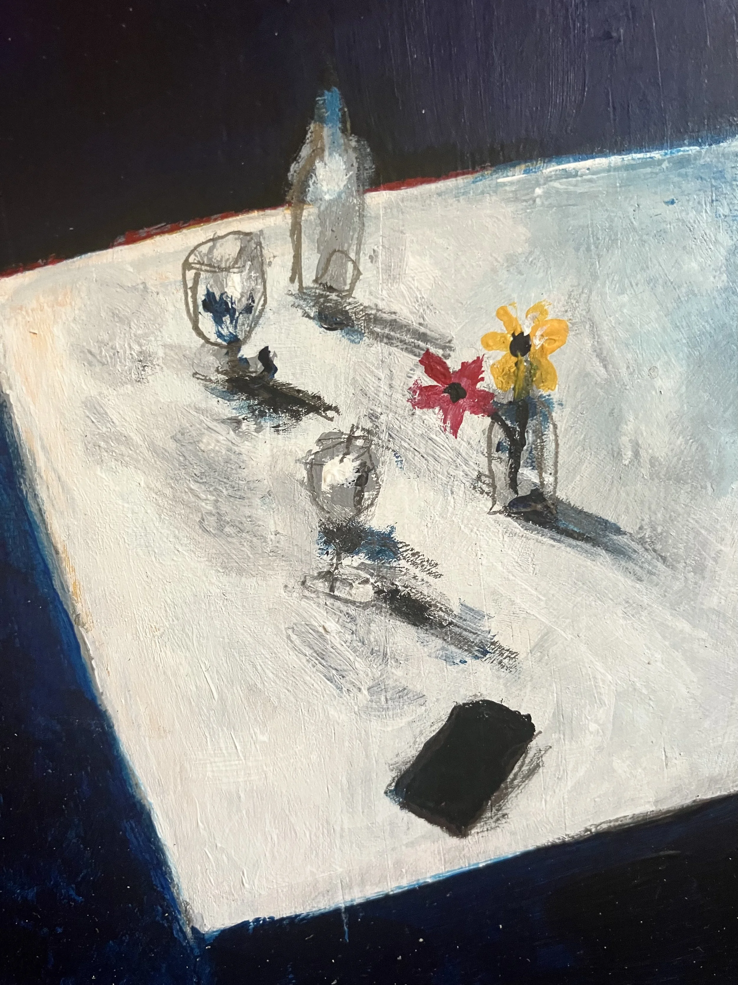 An abstract painting of a table set with a glass of water, a bottle, a small container, a vase with red and yellow flowers, and a smartphone.