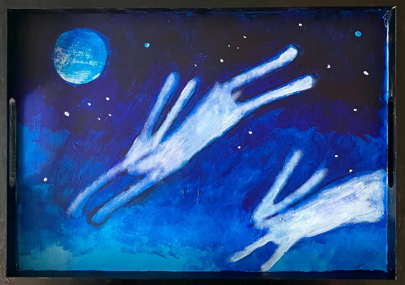 Painting of a hand reaching towards a full moon in a starry night sky, with blue and white tones.