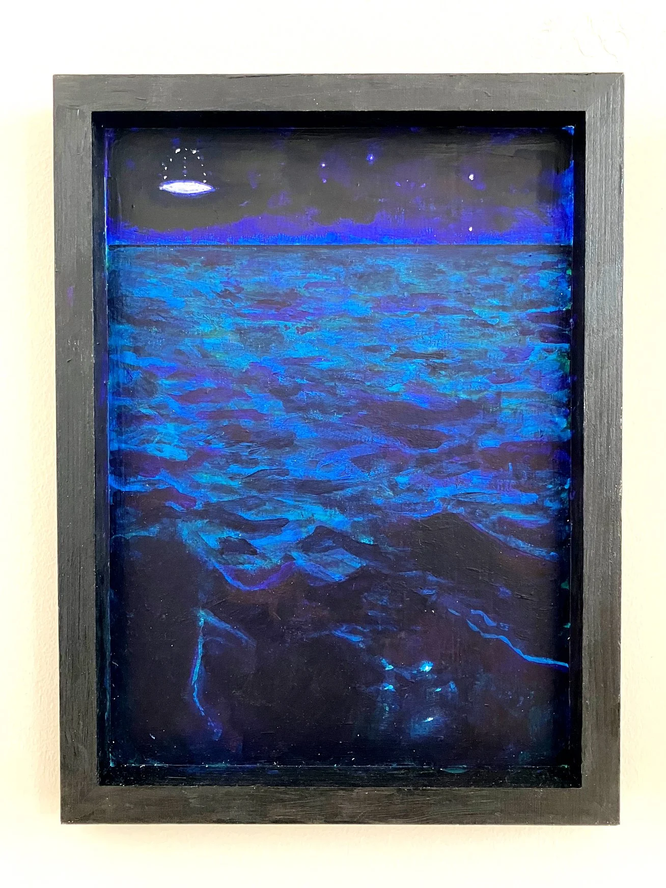 A painting of a night scene over the ocean, with a dark sky, stars, and the reflection of moonlight on the water.