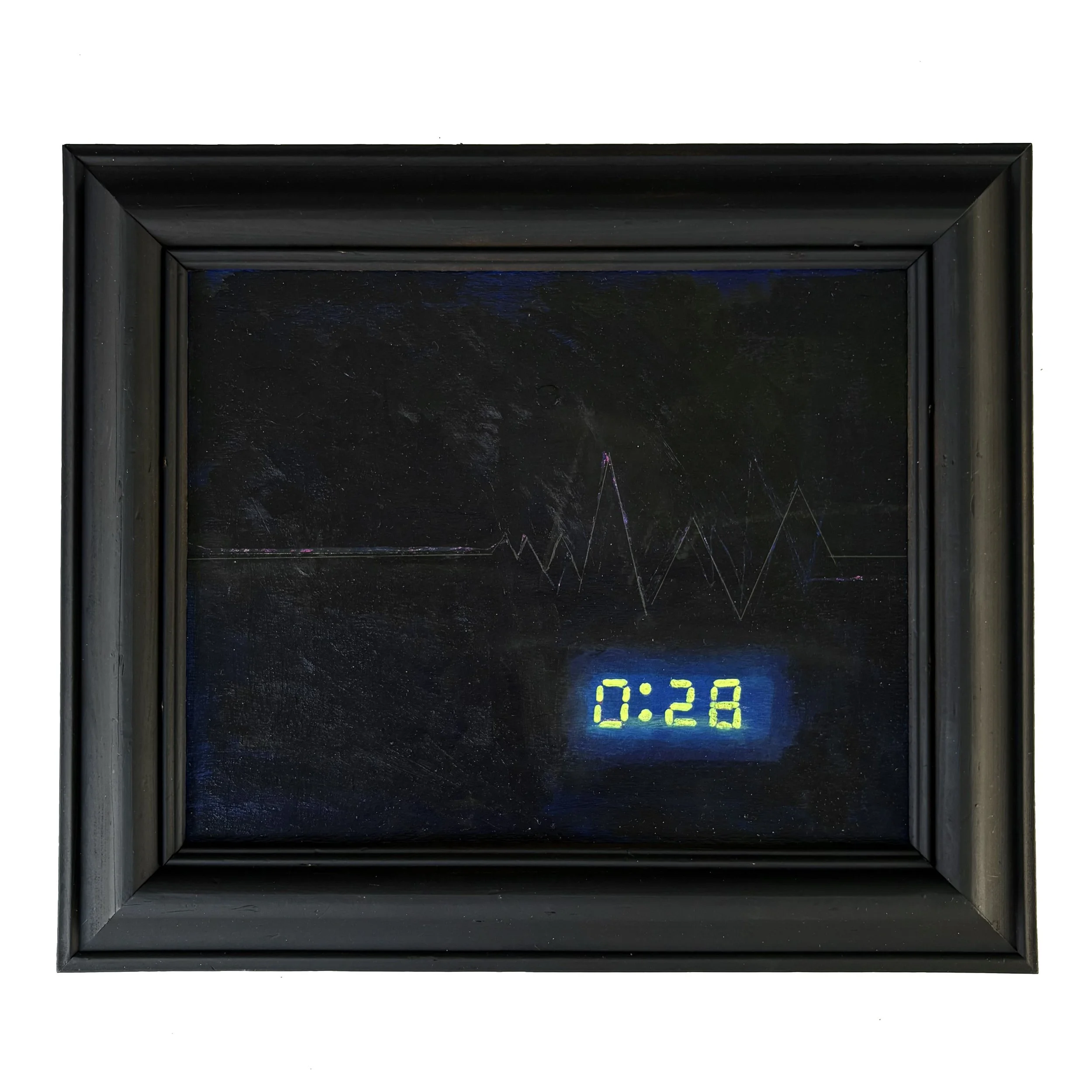 HEART MONITOR. 2026 
Acrylic Paint, pencil on hardboard. 
Vintage frame.
34cm x 28.5cm £450.00

