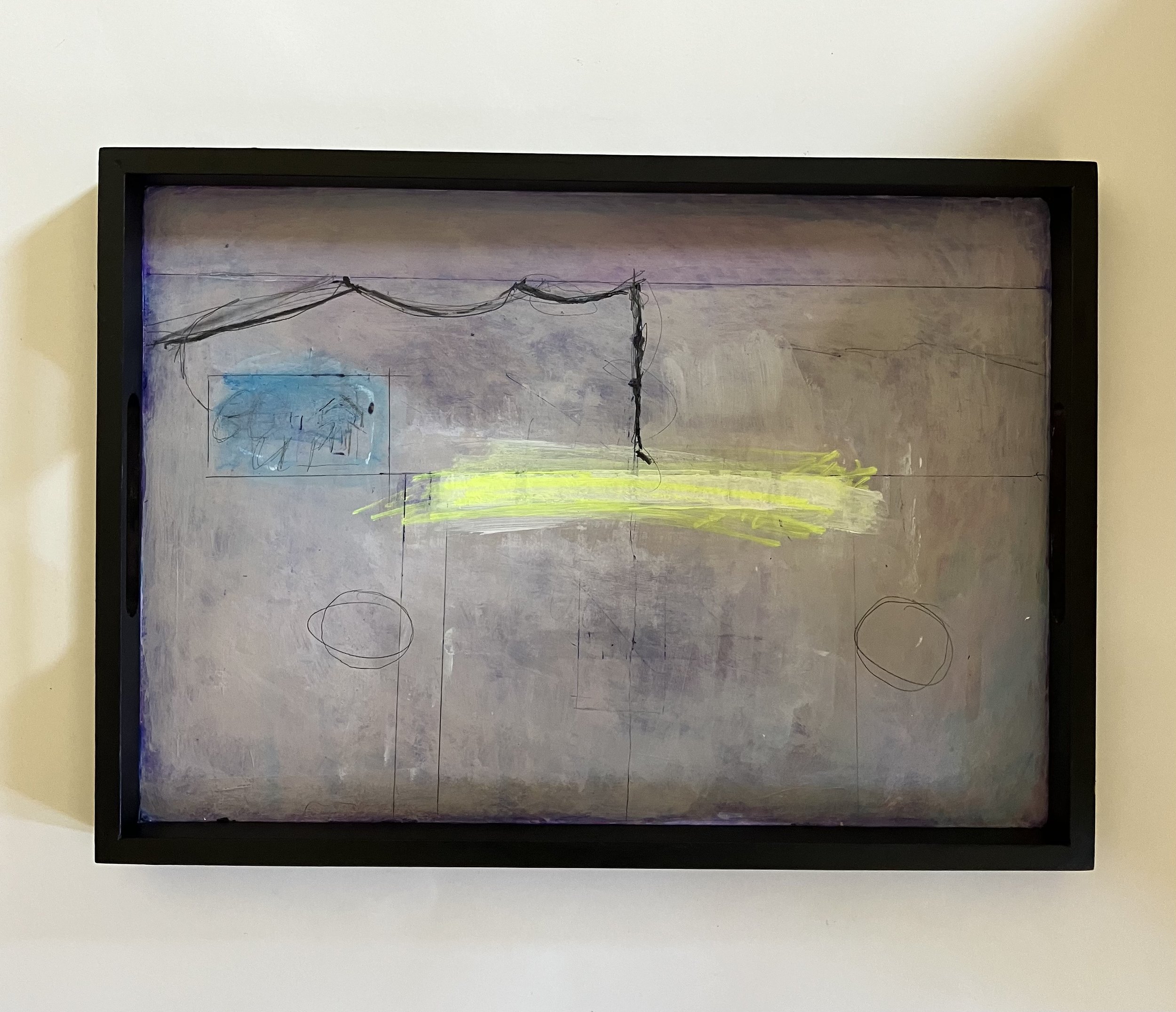 STRIP LIGHT. 
Acrylic paint, pencil, charcoal on wooden tray.                                                                        
35cm x 25cm £700.00
