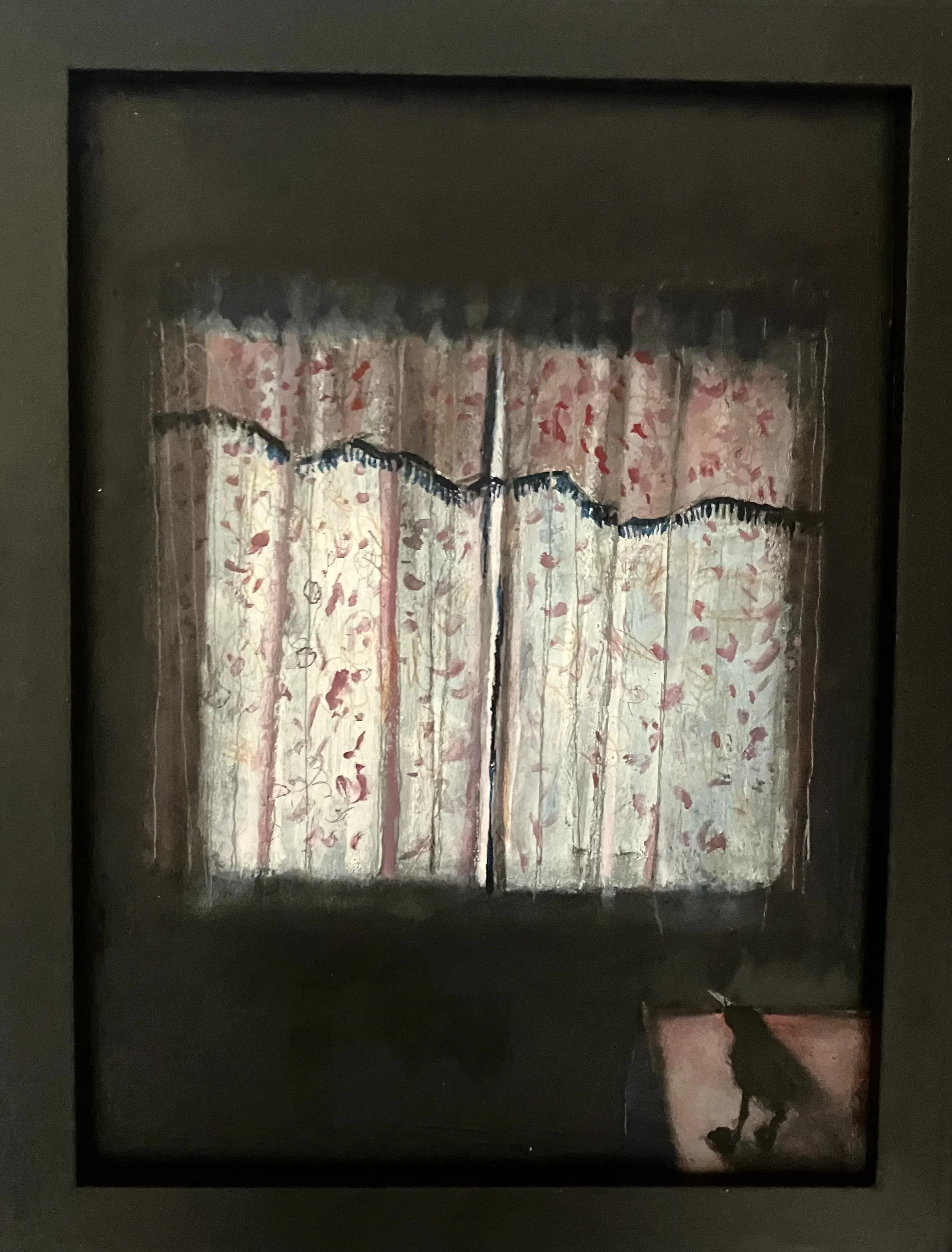 A framed painting of a weathered wooden window with pink, red, and cream paint peeling, obscured by a black curtain, and a small silhouette of a person in the corner.