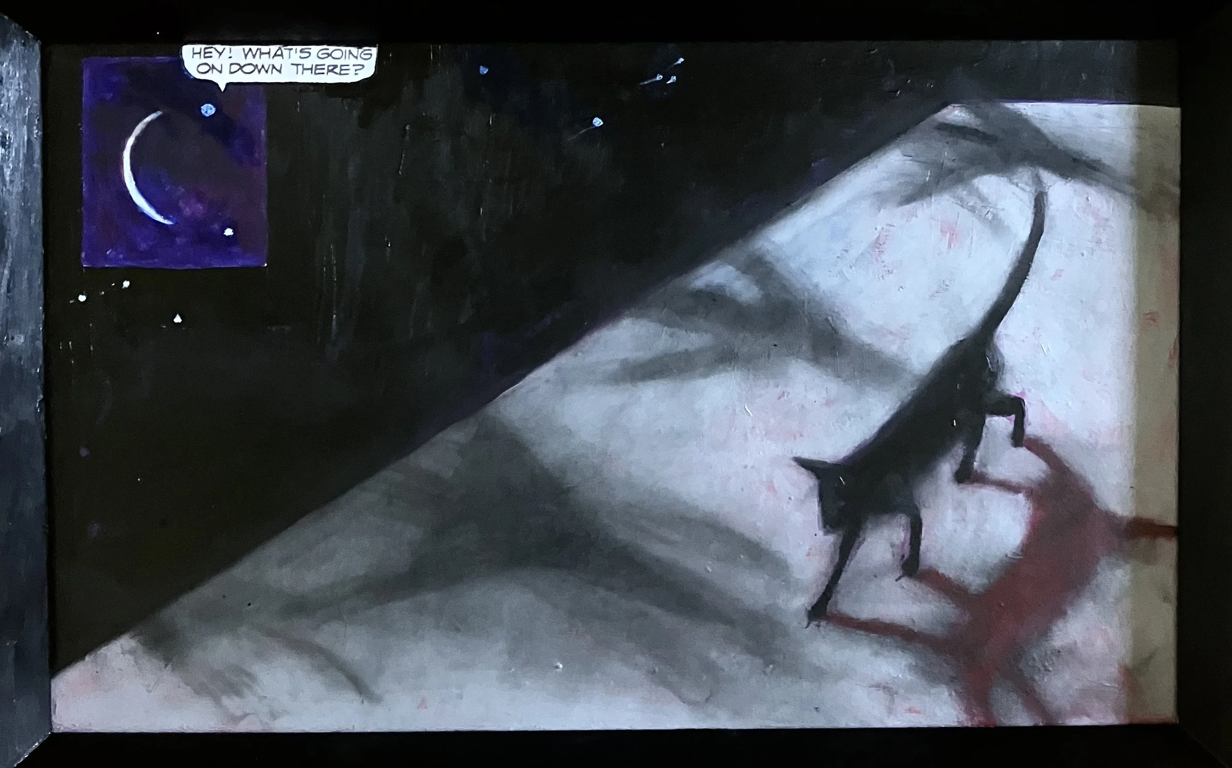 A dark, abstract painting with a small purple square in the top left corner containing a crescent moon and a star, and a black cat walking on what appears to be a white or pale pink surface, with a speech bubble in the top left corner asking, 'Hey! W