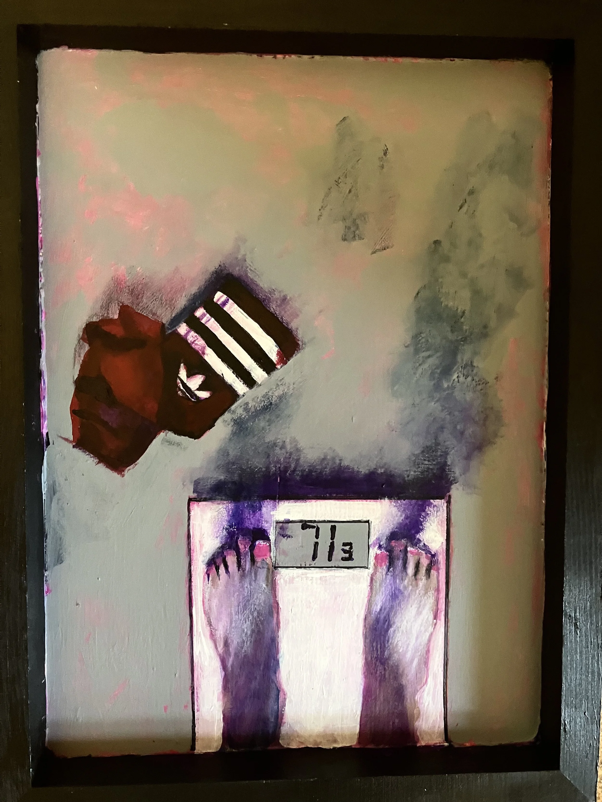 Painting of a person standing on a scale with their feet visible in the foreground, and a red object, possibly a fingerless glove with fingers showing, in the upper left. The scale shows a weight of 113 pounds.