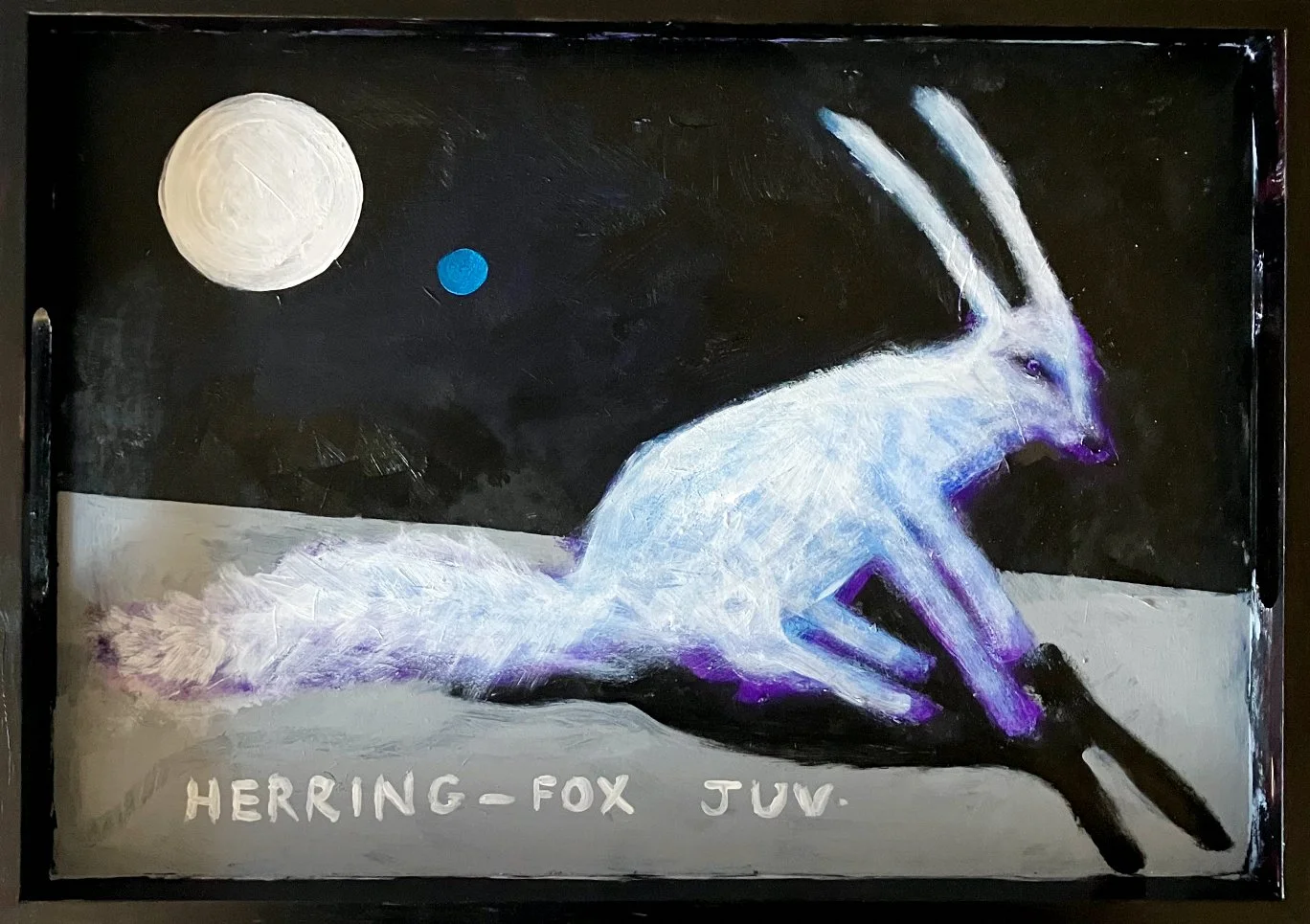 A painted depiction of a mythical creature combining a herring, fox, and rabbit, with large horns, lying on a flat surface under a night sky with a full moon and two smaller celestial bodies.