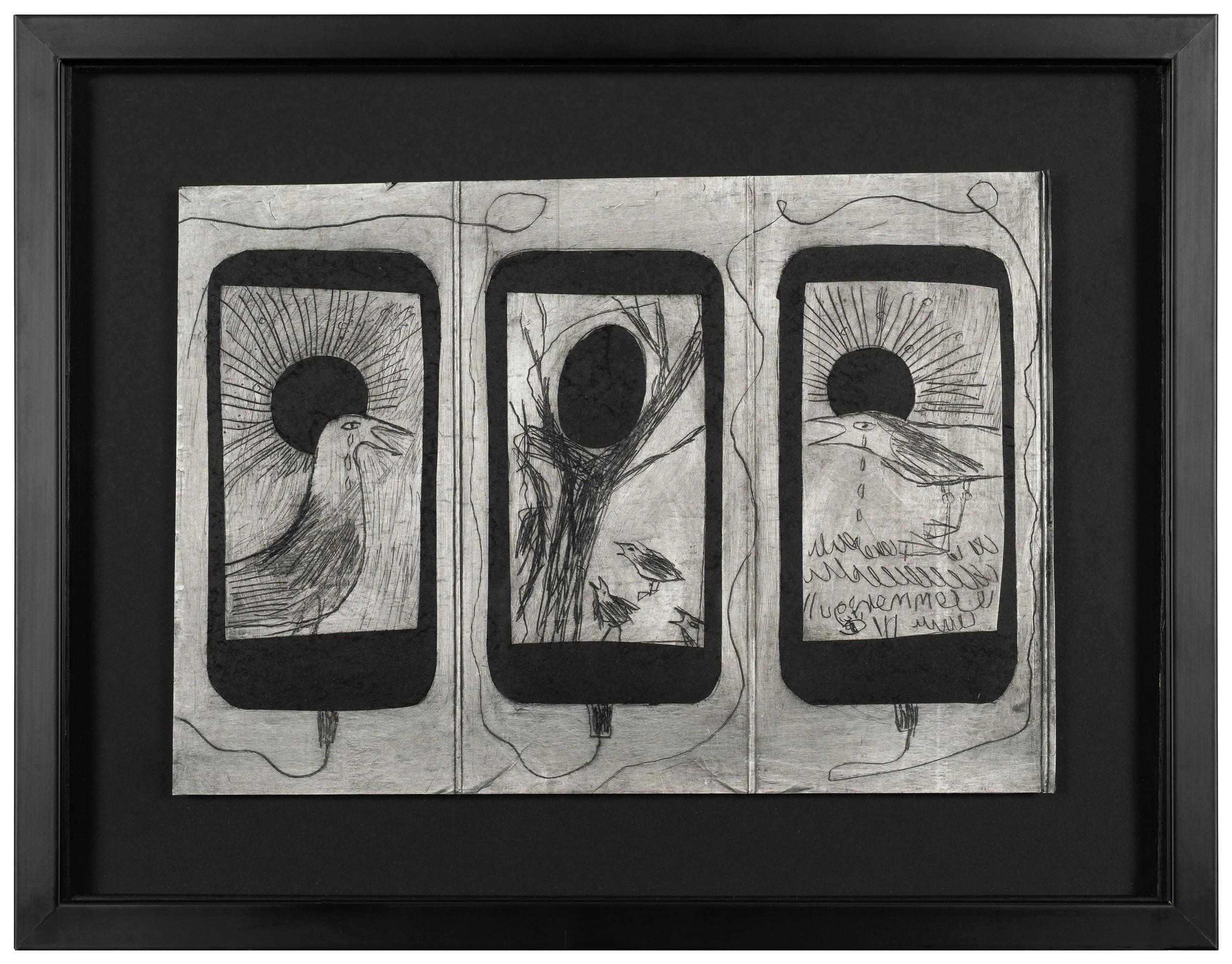 Artwork featuring three wood panels, each with a bird drawn on a smartphone screen, with a black circle in the background and a radiant sunburst pattern, framed in black.