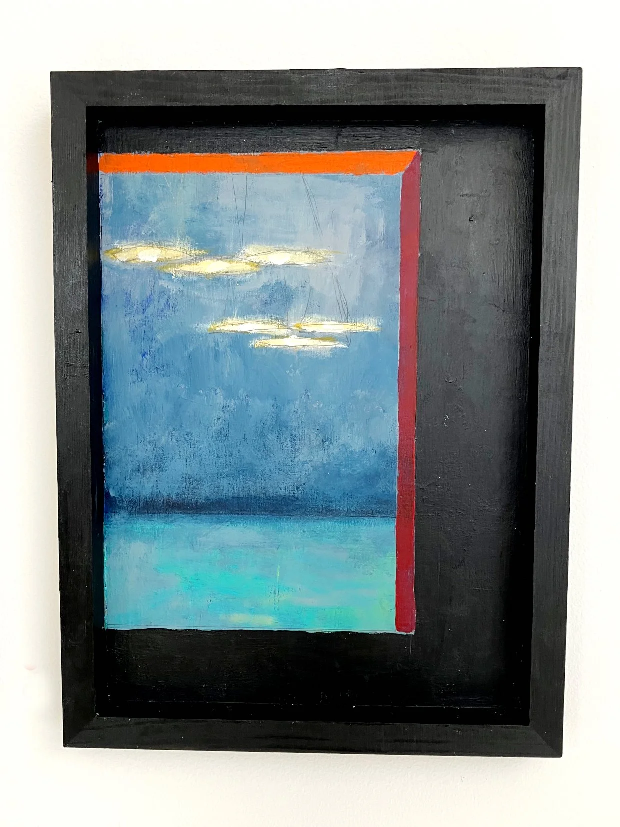 Abstract painting of floating clouds in a blue sky with a red vertical stripe and a horizon line, framed in black.