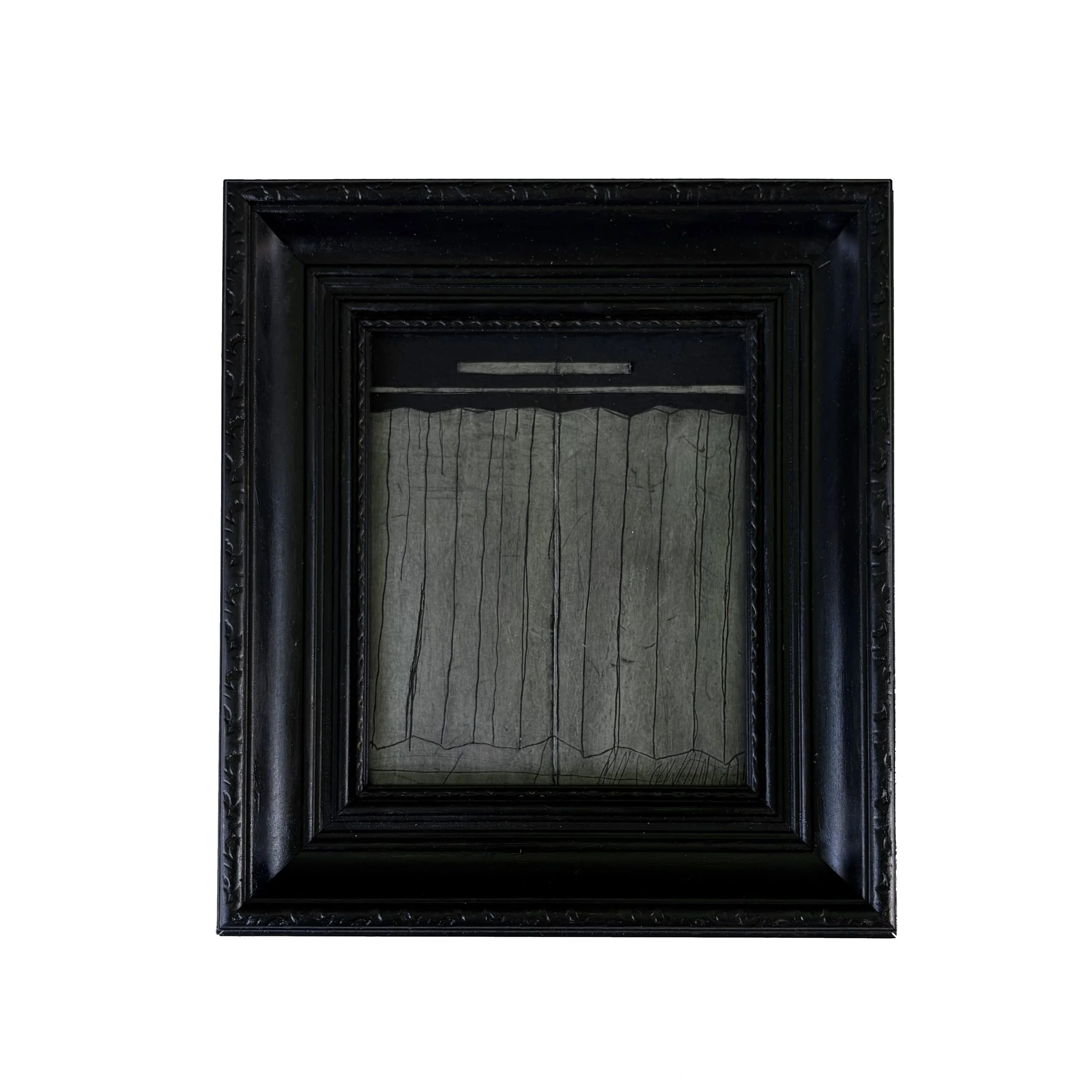 CUBICLE. 2026 
Etching ink on Tetra Pak. 
Vintage frame
22cm x 26cm £320.00

