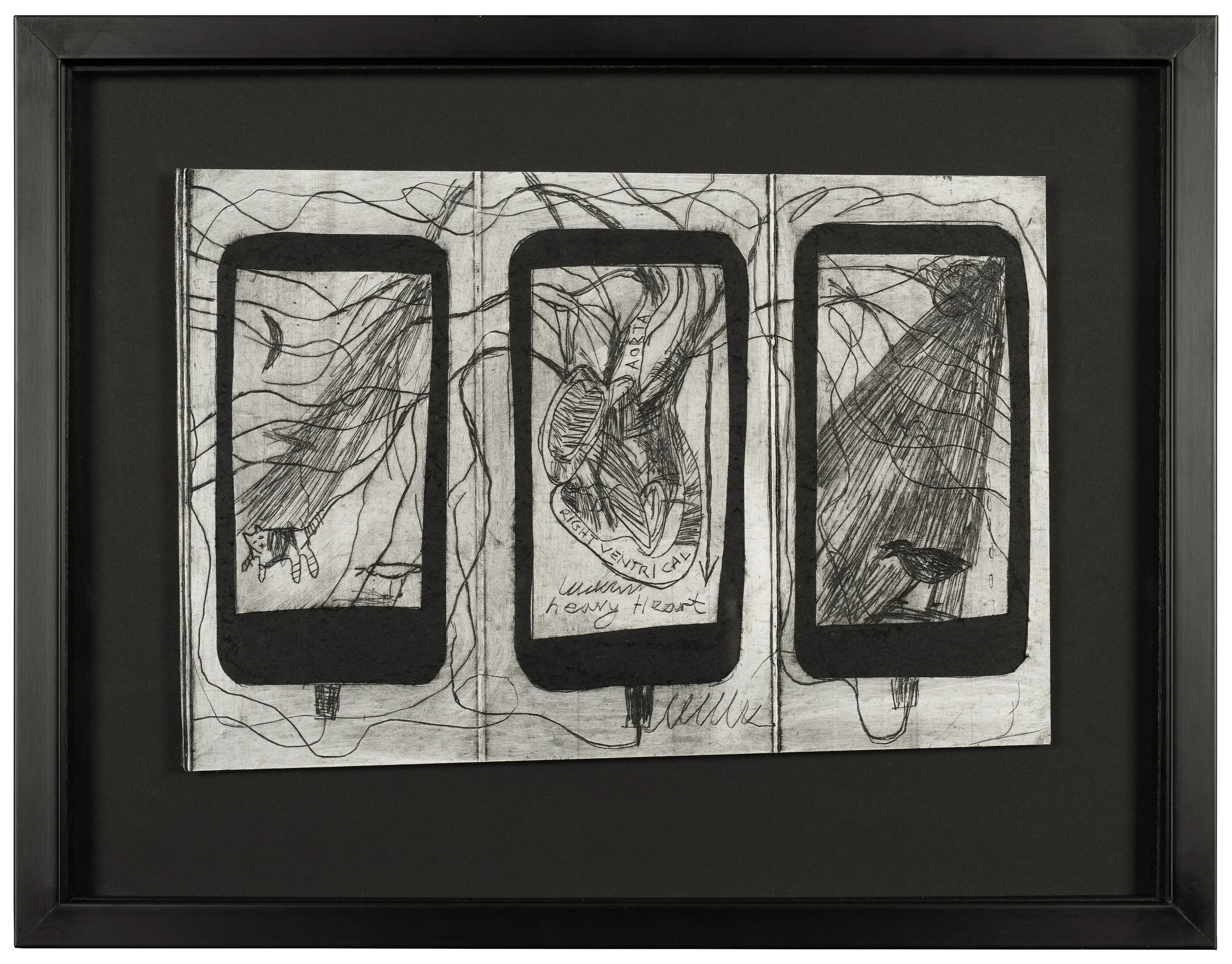 Black framed artwork with three mobile phone illustrations, each containing sketches of animals and text, surrounded by tangled lines.