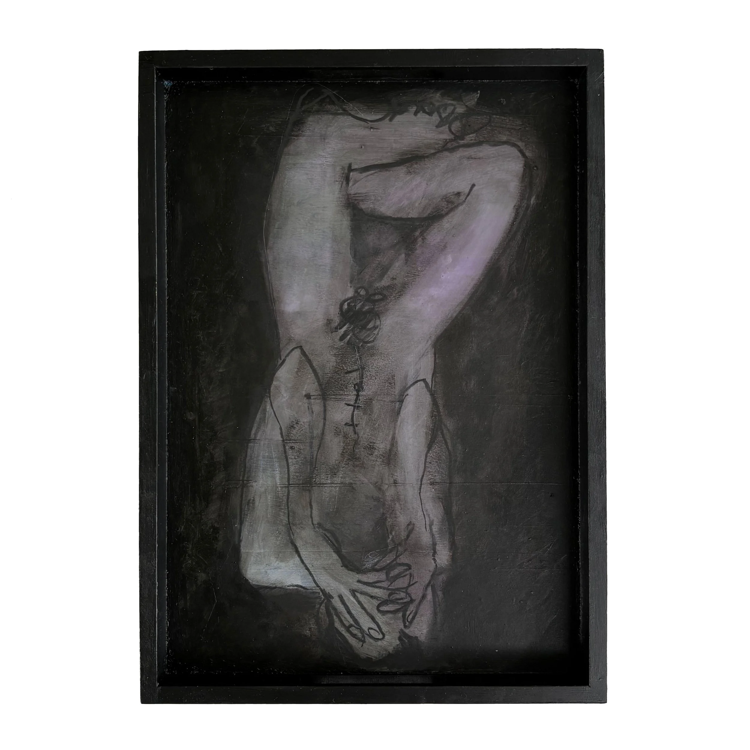 STEPHEN. 2026 
Acrylic paint, pencil, charcoal on wooden tray.                                                                        
25cm x 35cm £550.00

