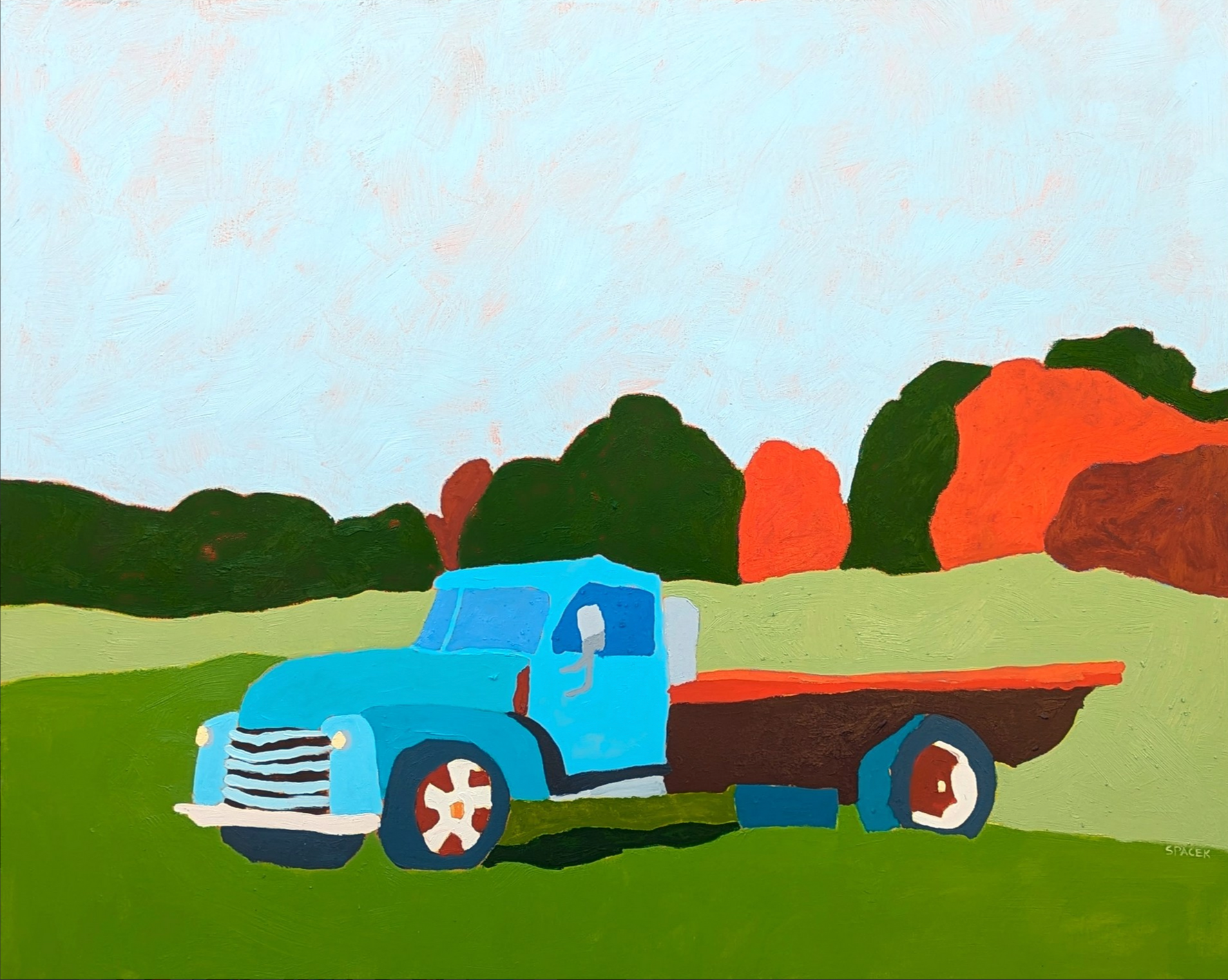 A colorful painting of a blue truck with a brown flatbed, set in a grassy field with green trees and orange autumn leaves in the background under a pale blue sky.