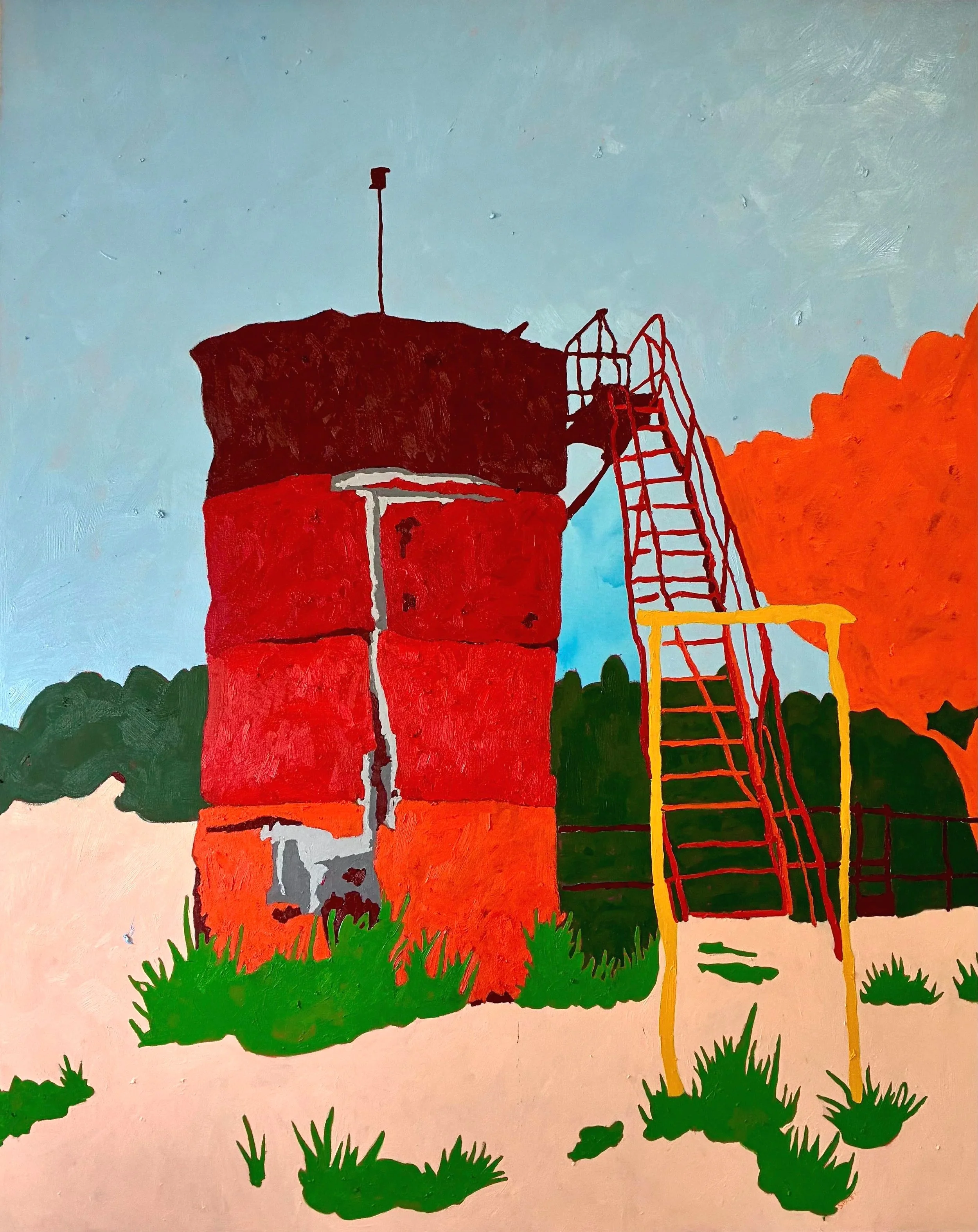Colorful painting of a large red water tower with a ladder and a yellow climbing frame in front, set against a background of trees and a blue sky with a bright orange tree, impressionistic grass scatter the desert foreground.