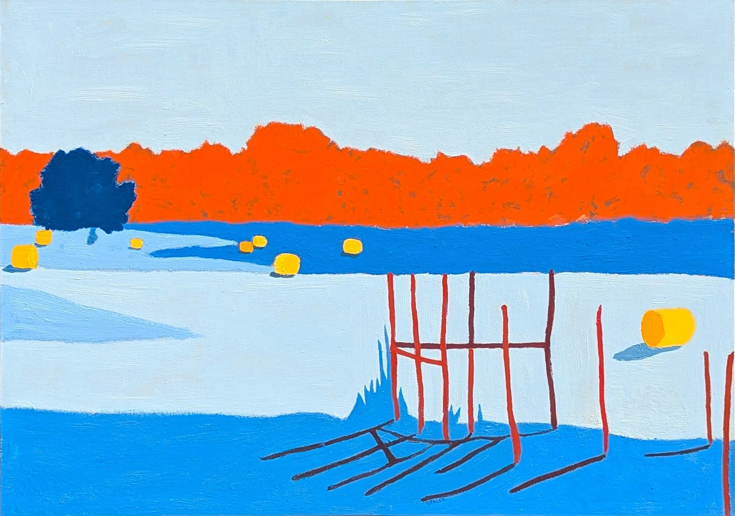 An abstract landscape painting featuring a light blue sky, orange treetops, a blue field, a dark blue tree, and a white foreground with yellow hay bales and red fence structures.