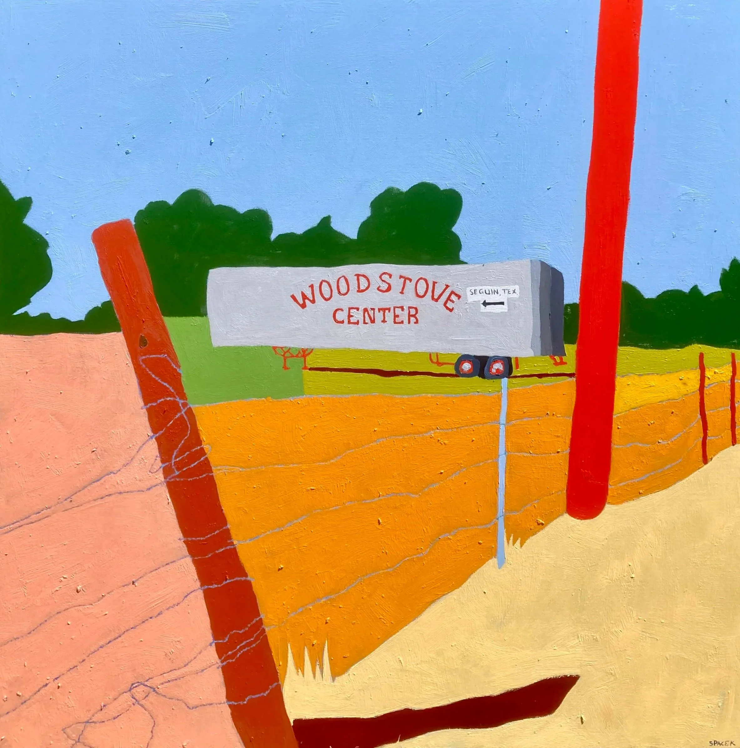 A painted landscape featuring a sign that reads 'Woodstove Center' with a note pointing to Seguin, Texas. There is a barbed wire fence and two red posts in the foreground, green trees and a blue sky in the background.