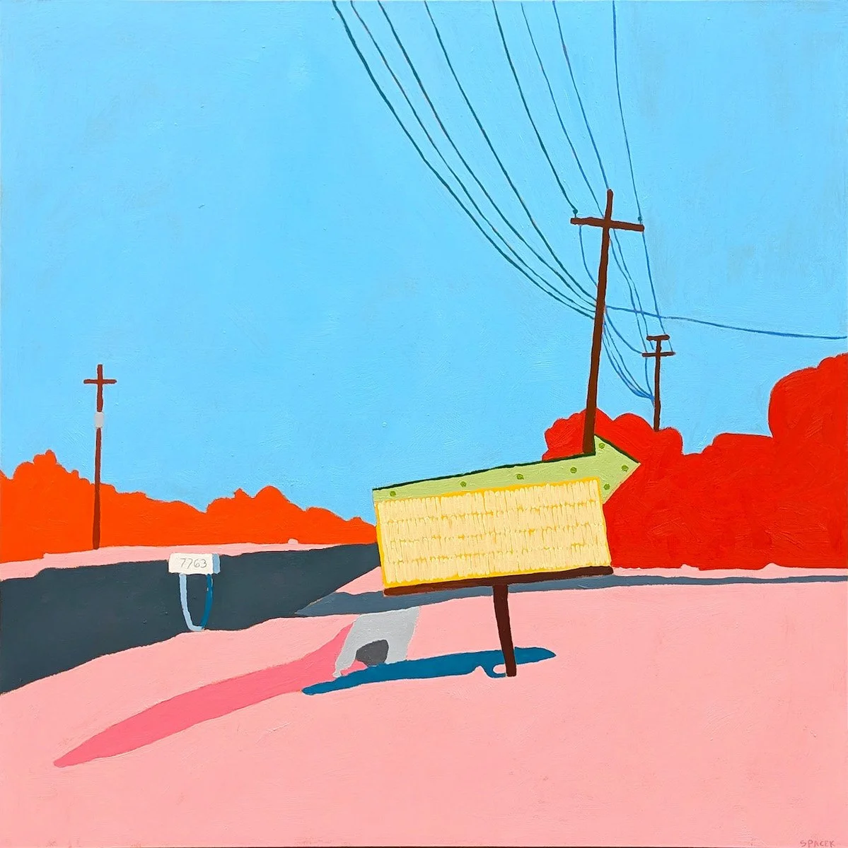 A colorful painting of a street scene with a utility pole leaning, power lines, a cross on a pole, red bushes, a pink road, and a billboard with unreadable text.