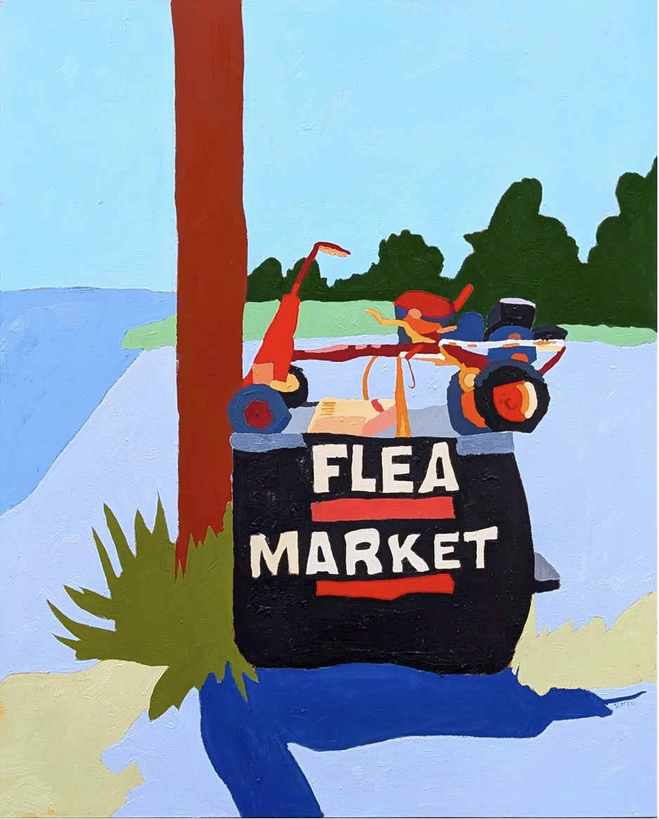 Painting of a black flea market sign with a vintage tractor, in front of a blue sky, green trees, with grass and bushes and a cross road nearby.