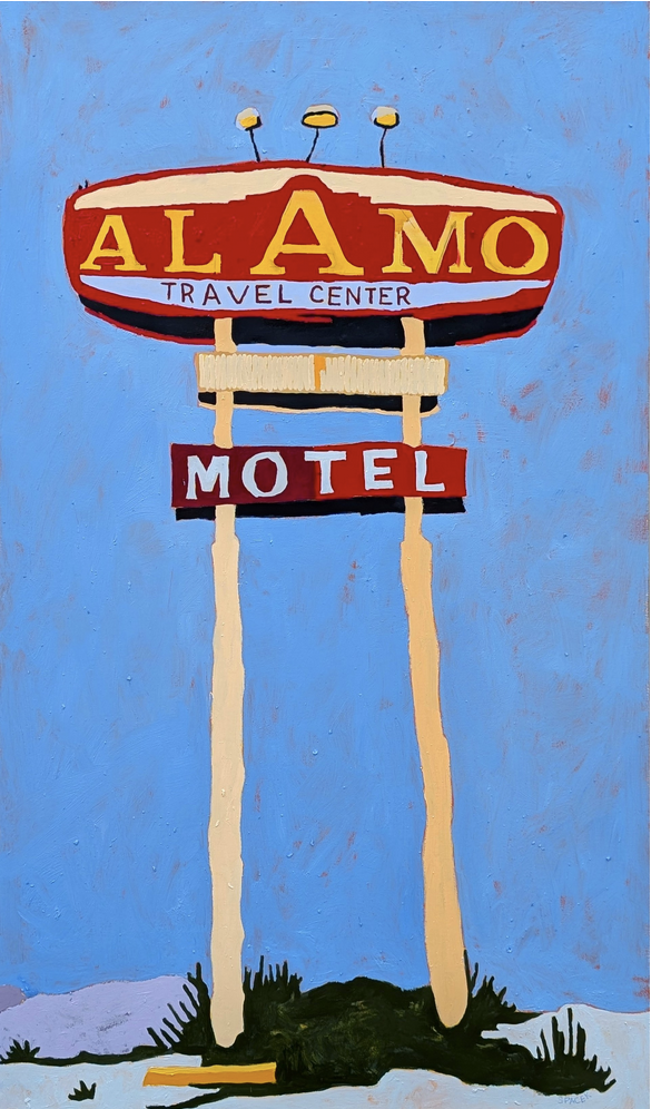 Painting of a retro roadside motel sign for 'Alamo Travel Center Motel' with a blue sky background and desert ground.