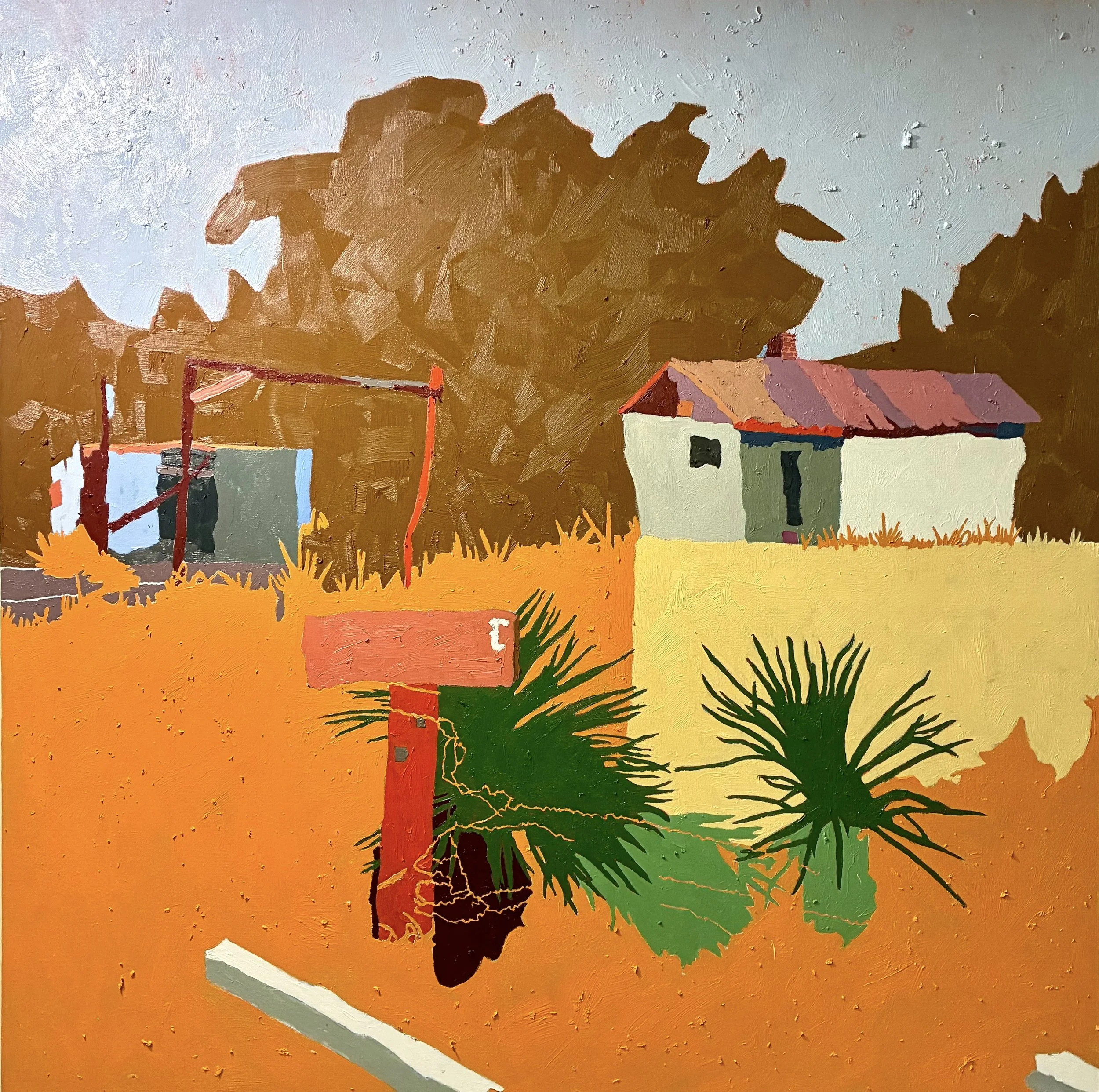 Painted landscape featuring a house with a sloped roof, trees, a wooden fence post, and a partly visible barn or shed in background, using broad, impressionistic brush strokes