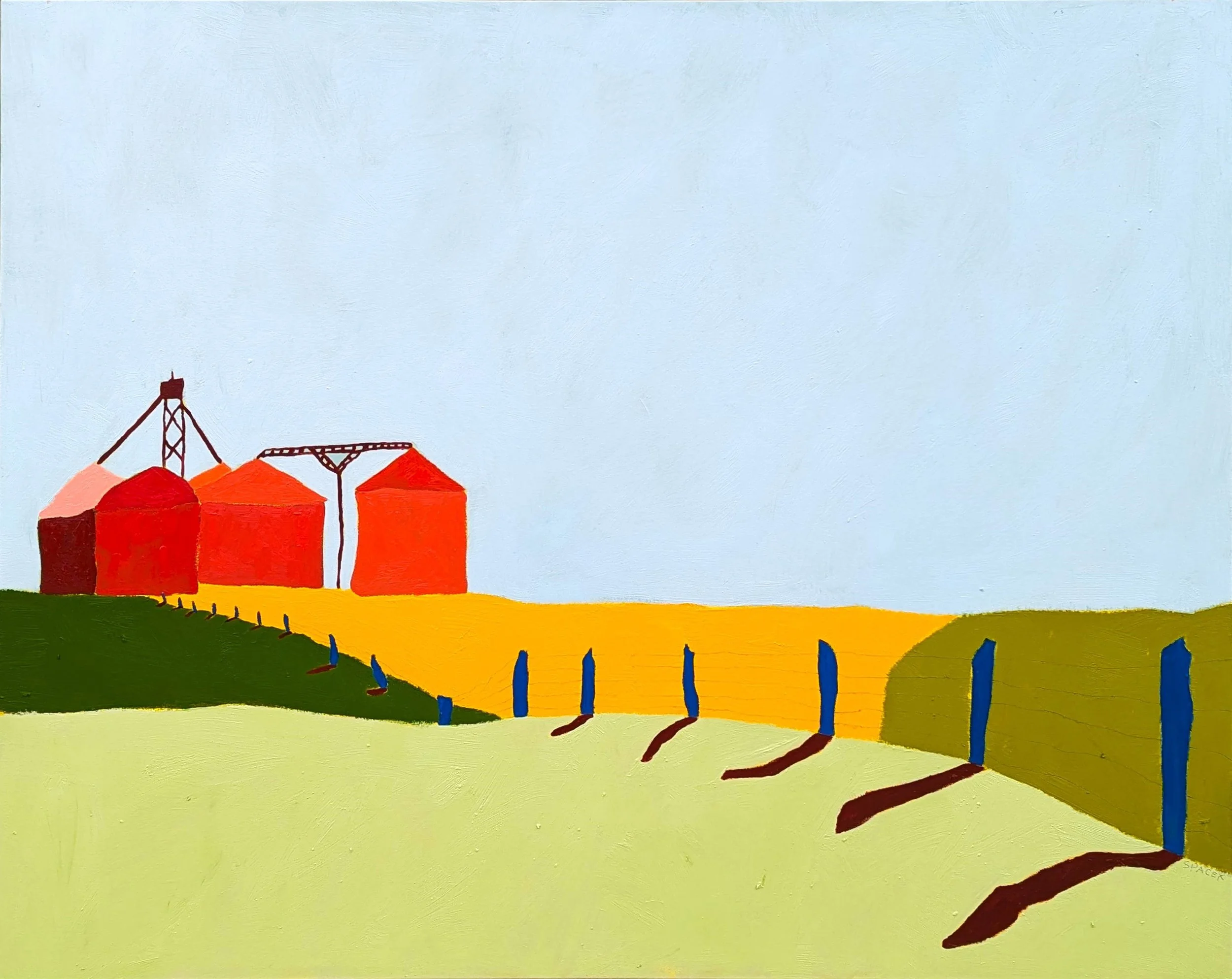 A colorful painting of a rural landscape featuring three red barns with silos on the left, a pathway with blue posts and brown shadows leading from foreground to background, green fields on the right, and a yellow field in the middle, with a light blue sky above.