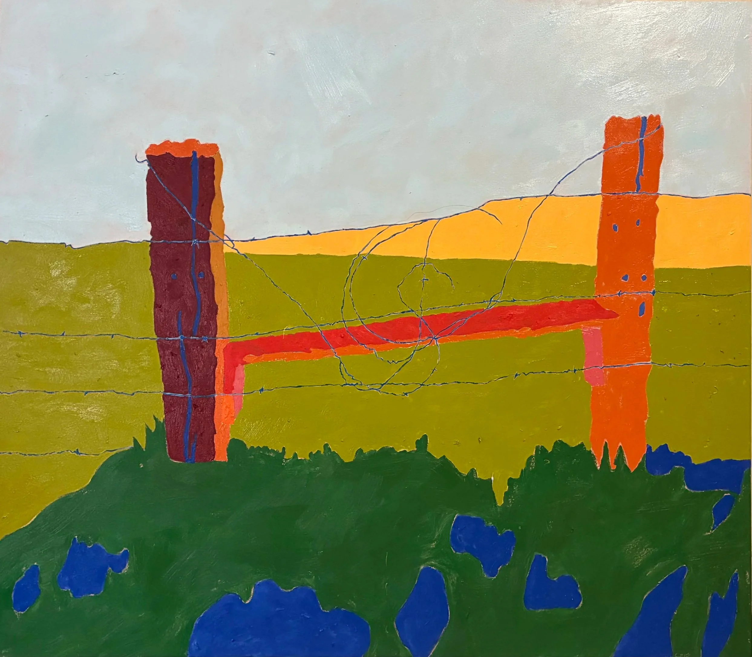 Colorful painting of a barbed wire fence with two wooden posts in a landscape scene, green grass in the foreground, and a sky with clouds and a hint of sunset in the background.