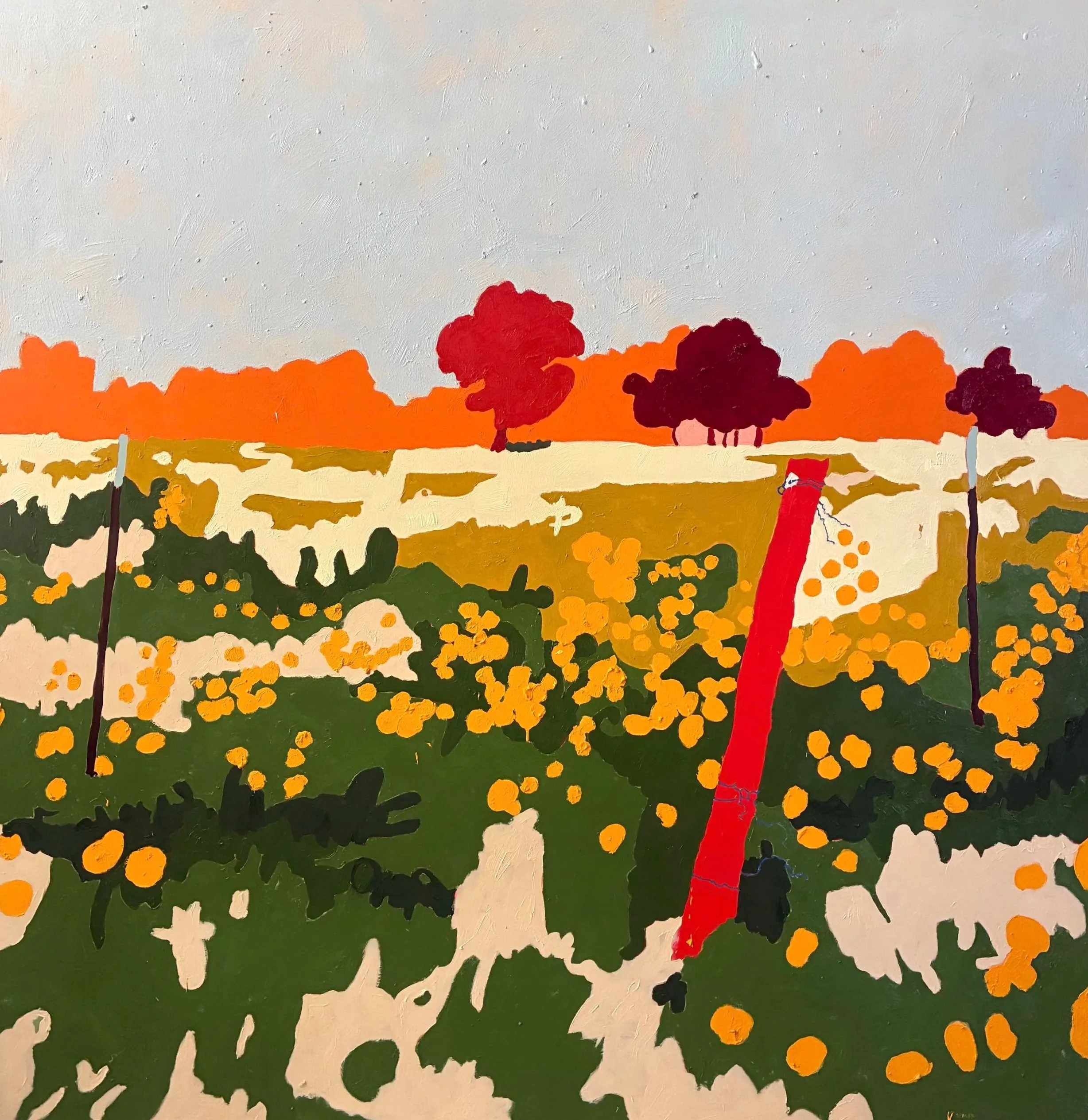 Abstract painting of a landscape with orange and red trees on the horizon, yellow flowers or bushes in the foreground, and two black fence posts on either side, with one leaning orange fence post in the center.