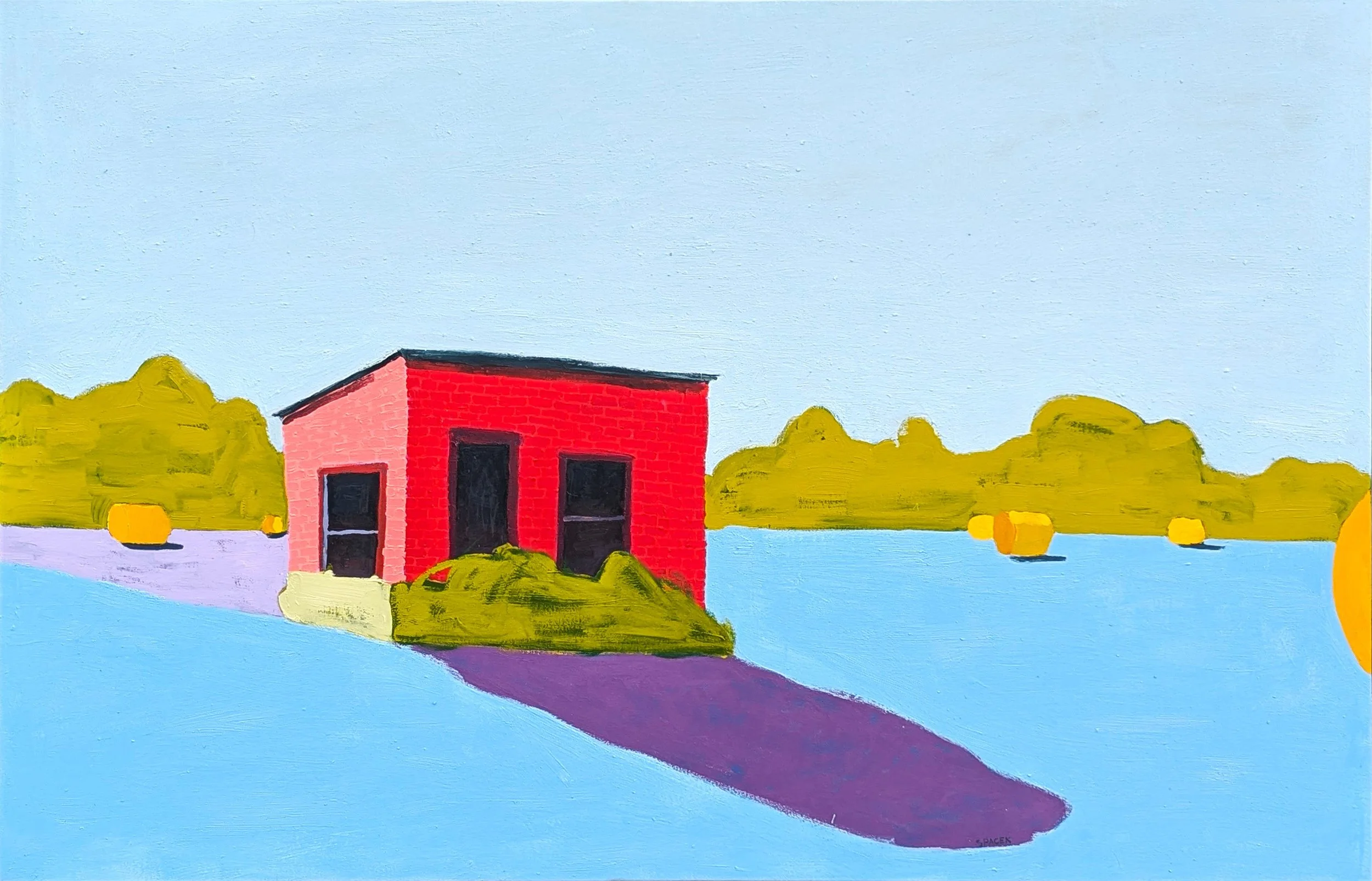 A colorful painting of a small red brick building with black windows set in a blue field, with yellow hay bales and bushes in the background, and a purple shadow extending from the building.