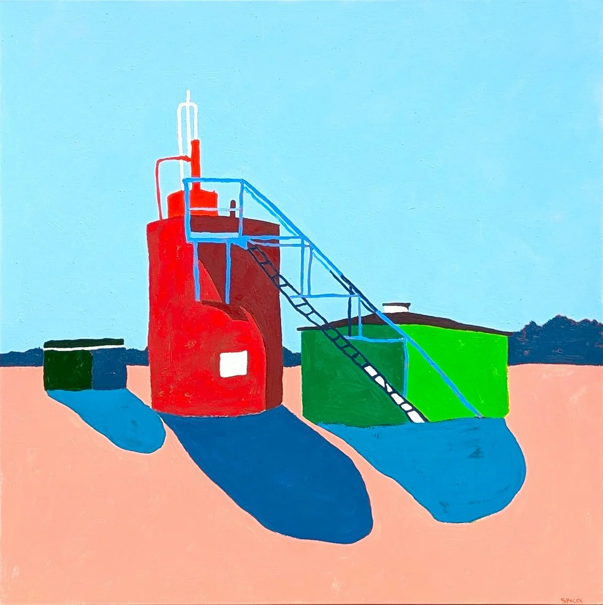 Colorful painting depicting a red cylindrical silo, or cistern, with a green container nearby, connected by a blue metal staircase and ladder, set outdoors against a light blue sky with distant dark trees and a pink ground.