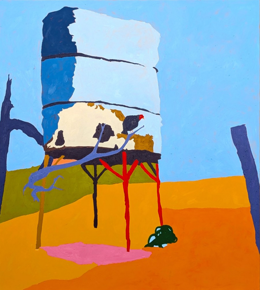 Abstract painting of a rusted and distressed water tower with a buzzard perched on a nearby tree branch, set against a colorful landscape with a blue sky.