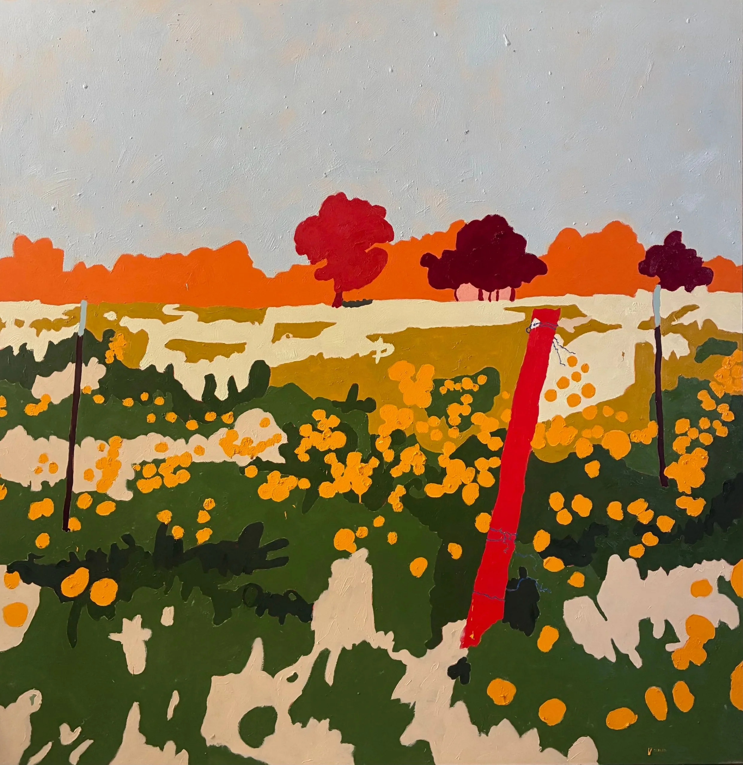 Painted landscape featuring trees with red and purple foliage, a field with yellow flowers, and a cloudy sky with shades of gray and orange.