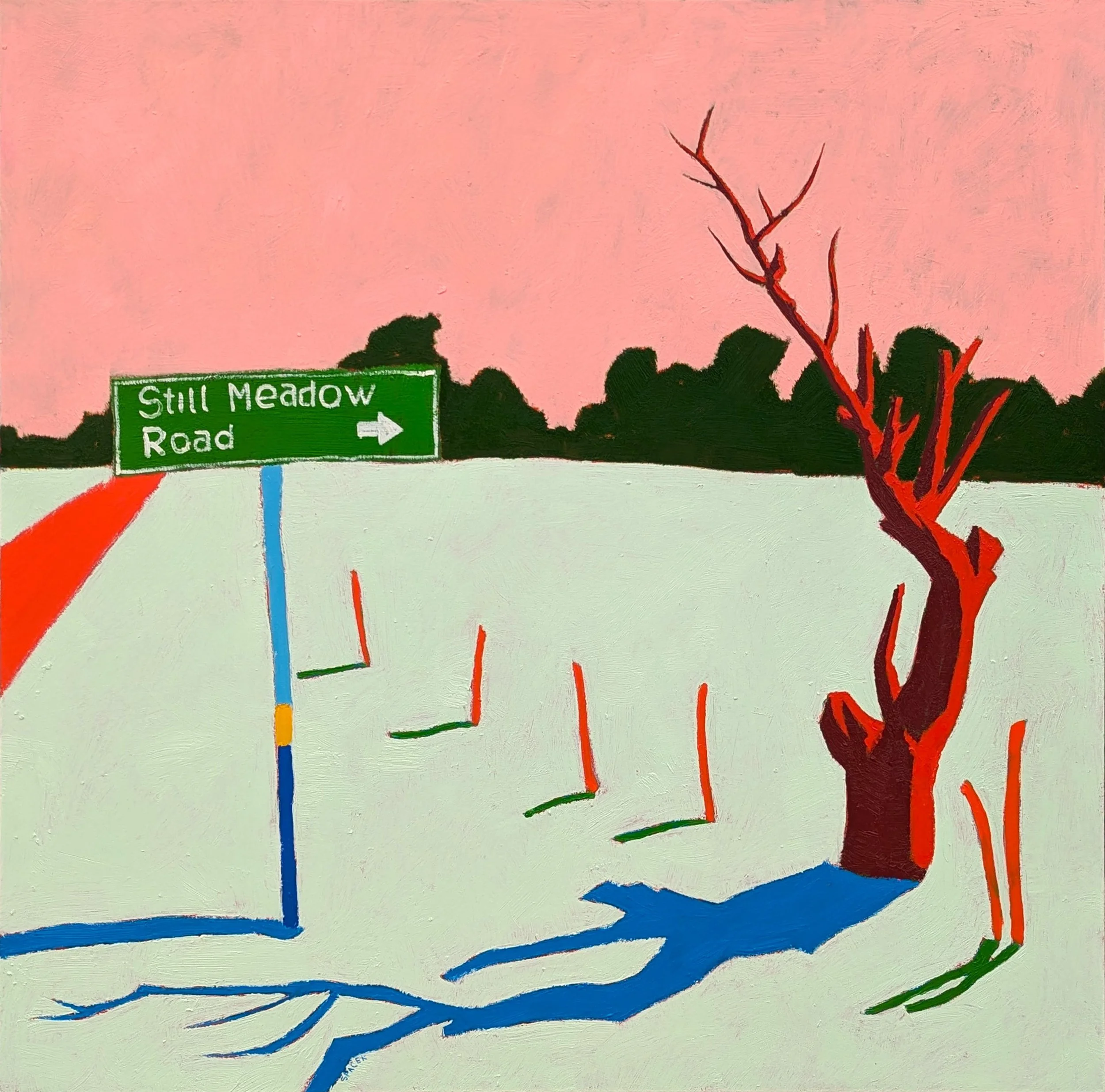 A painted landscape with a pink sky, a black treeline in the distance, a dead red and brown tree in the foreground, and a green road sign that reads 'Still Meadow Road' with an arrow pointing right. The ground is light-colored with some small red and green posts lining the area, and blue roots or shadows beneath the tree.