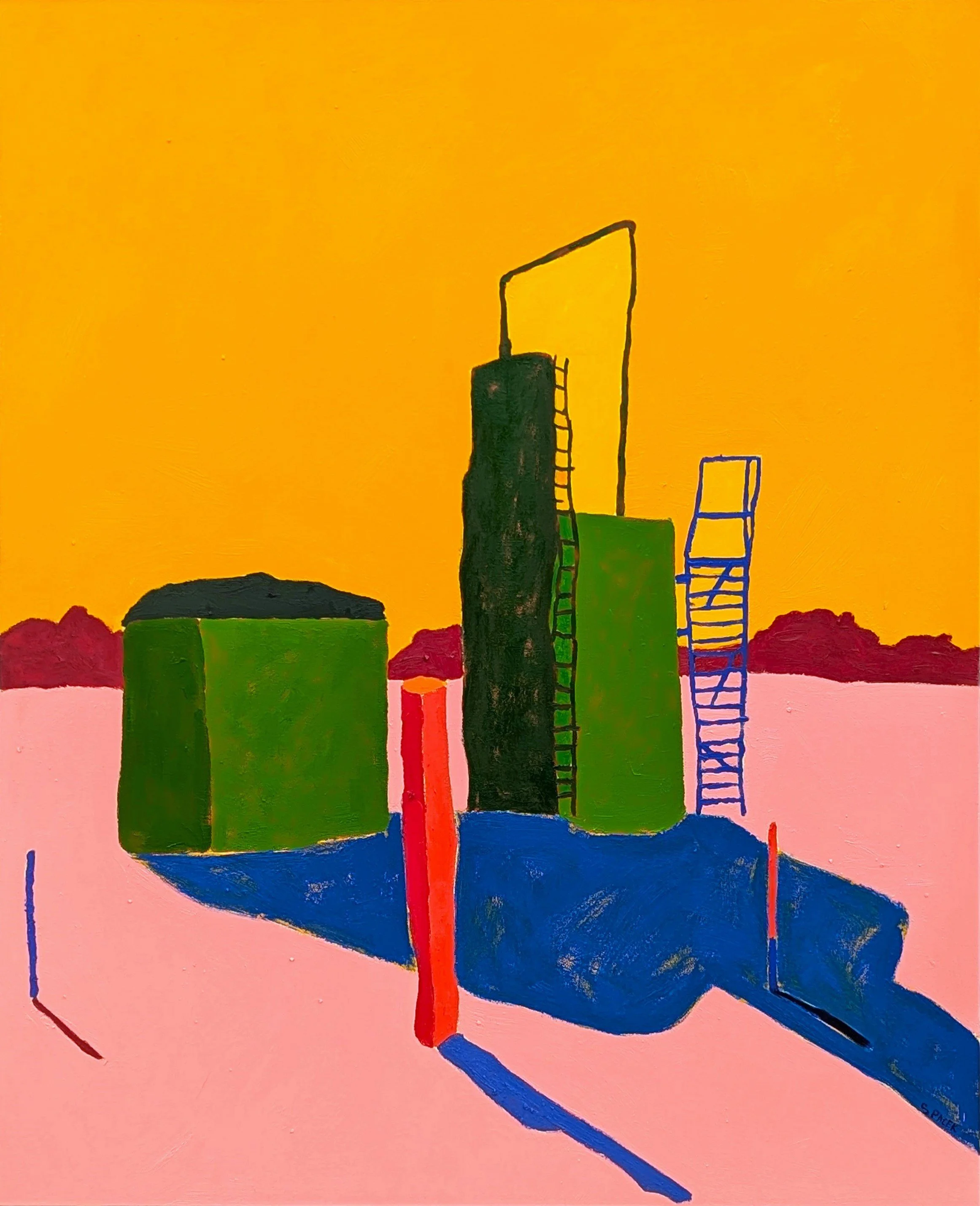 Abstract painting of colorful water towers, or cisterns, with ladders against a yellow sky and pink ground, casting long shadows.