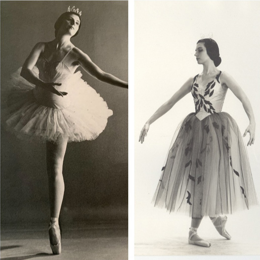 Dos bailarinas, una en fotografía antigua en blanco y negro y otra en dibujo, vestidas con tutús y en poses de ballet.
