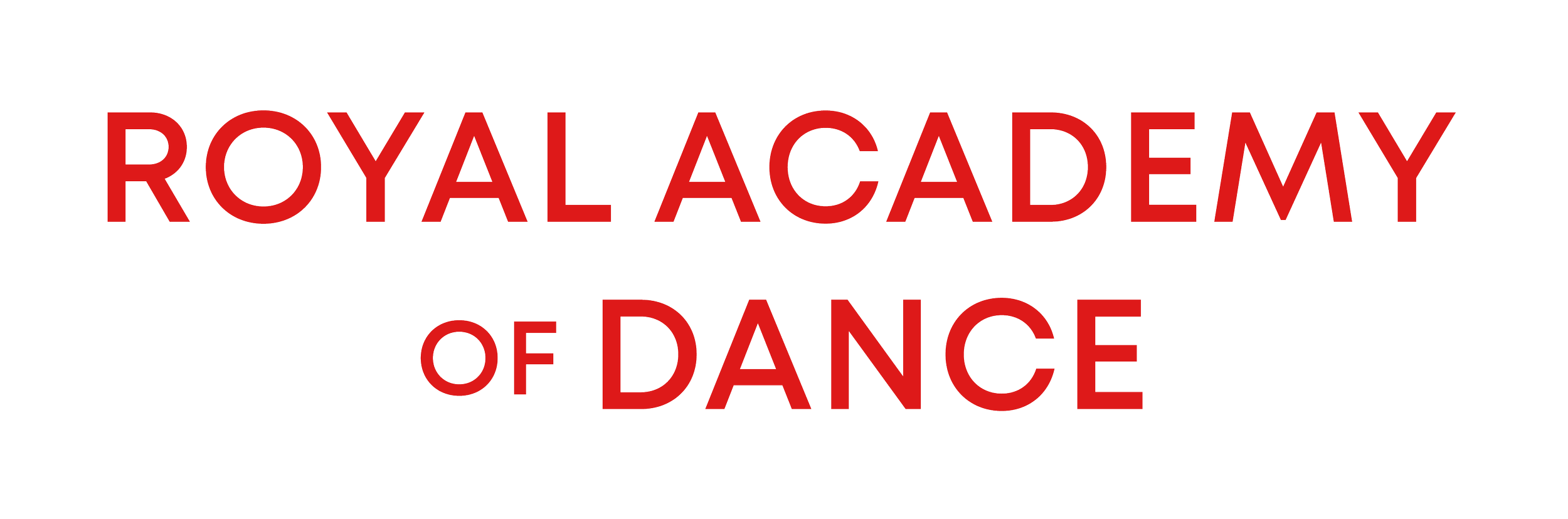 Logotipo del Royal Academy of Dance en letras rojas sobre fondo negro.