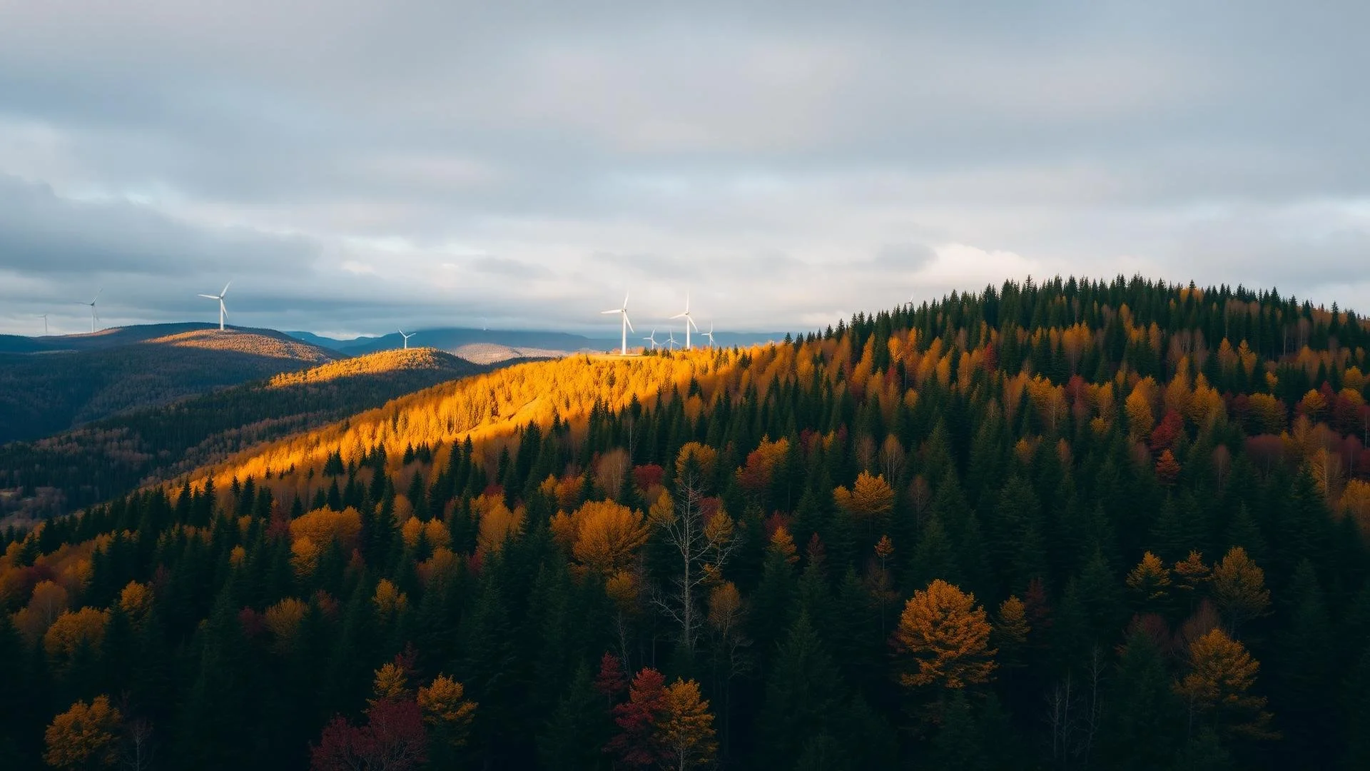 Hilly landscape with colorful fall trees, wind turbines in the background, and a cloudy sky.
