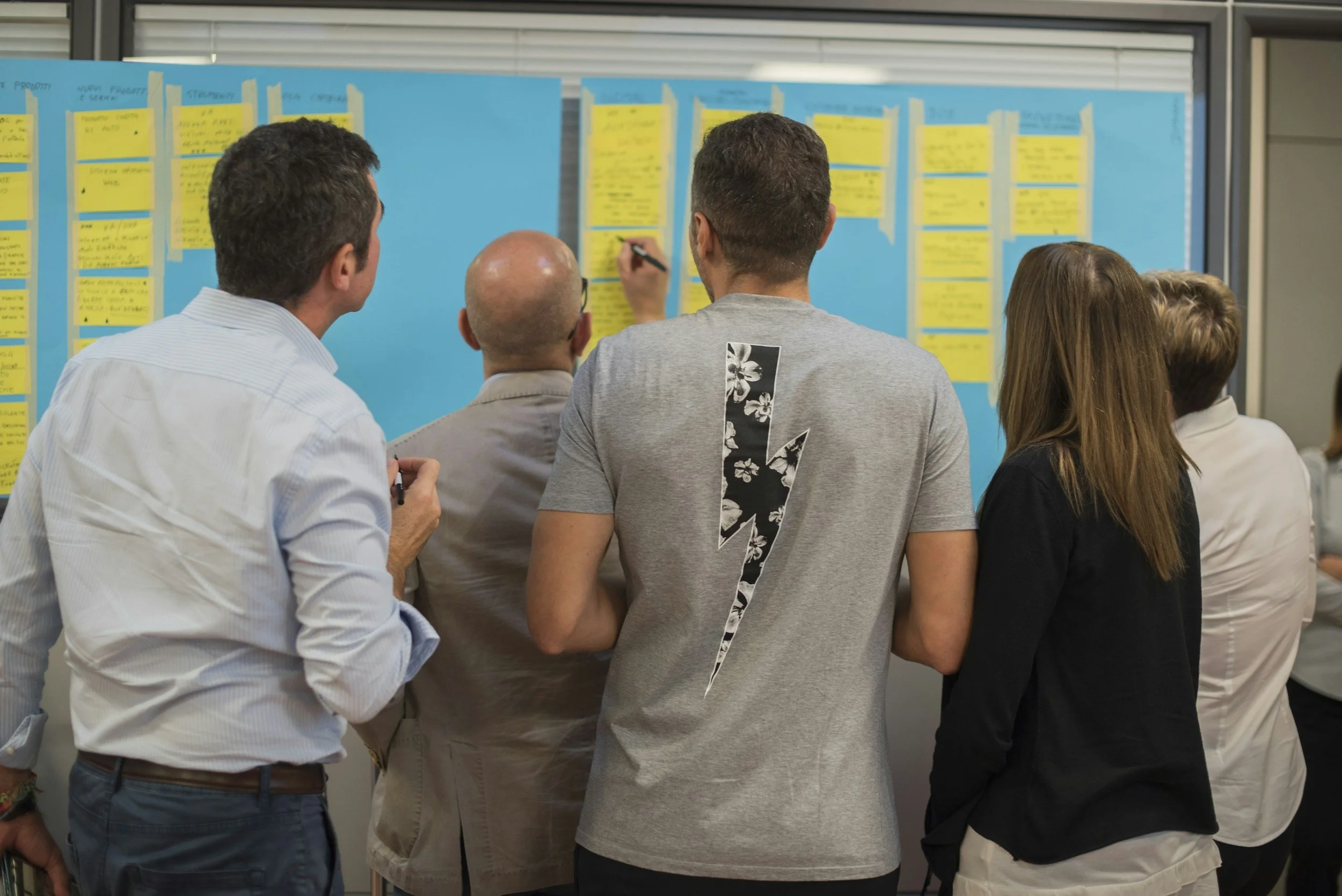 Group of people working on a kanban on whiteboard