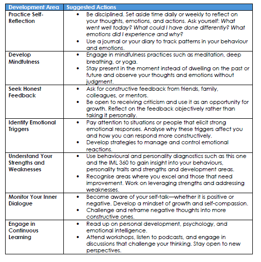 Ei5 Emotional Intelligence report page - bonus with recommended actions