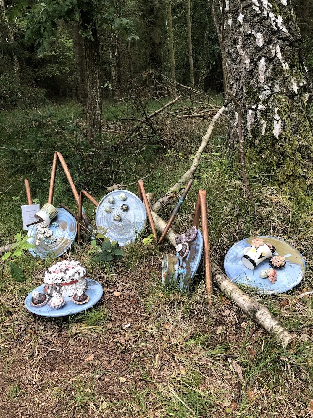 Upsattede metal- og porcelænsgenstande, inklusive kopper, tallerkener og en kage, spredt ud over det inaktive skovbund.