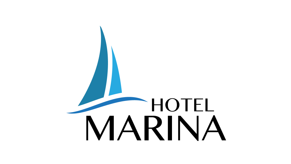 Et logo med en blå sejlbåd og teksten Hotel Marina.