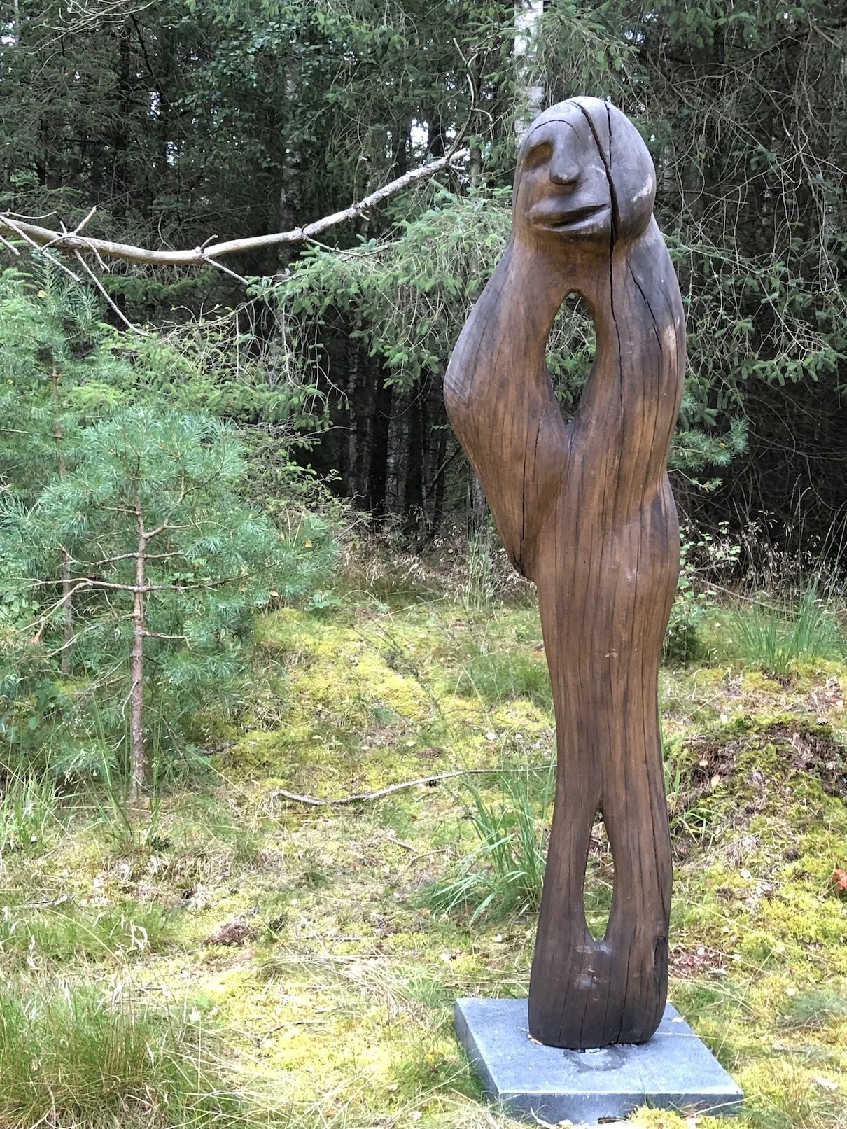 træskulptur forestiller et menneskelignende væsen med et ansigt og et hul i midten, placeret i et skovmiljø.