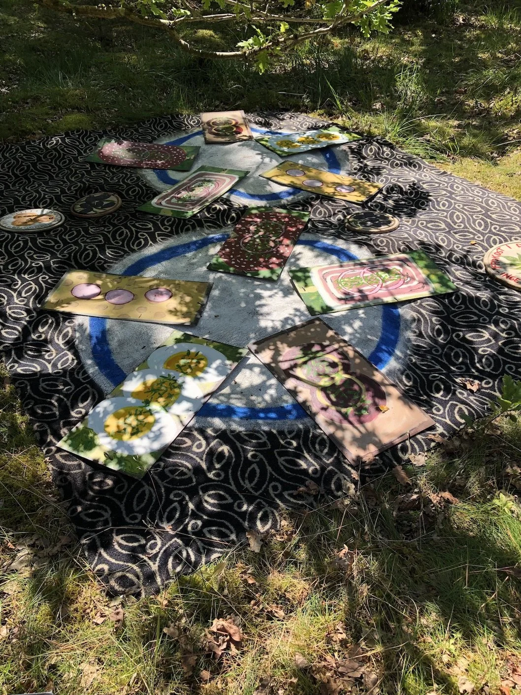 Bord med tarotkort spredt udendørs på en sort og hvidt mønstret dug, med træer og græs i baggrunden.