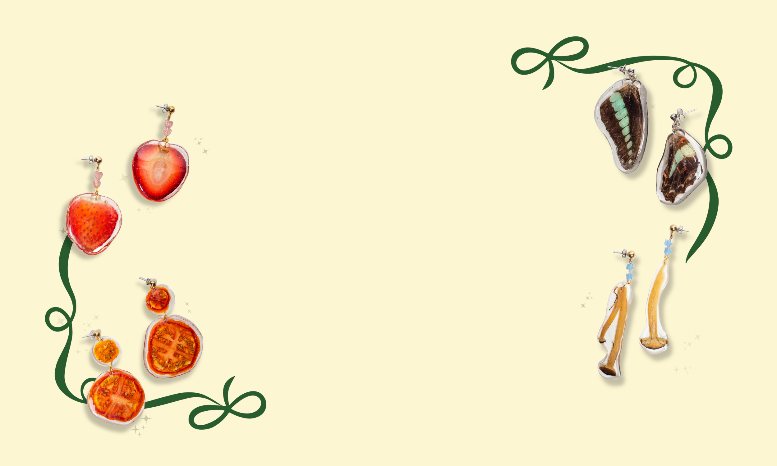 Earrings designed to look like strawberries, tomatoes, butterflies, and calabash gourds, arranged on a beige background with green decorative ribbon-like accents.