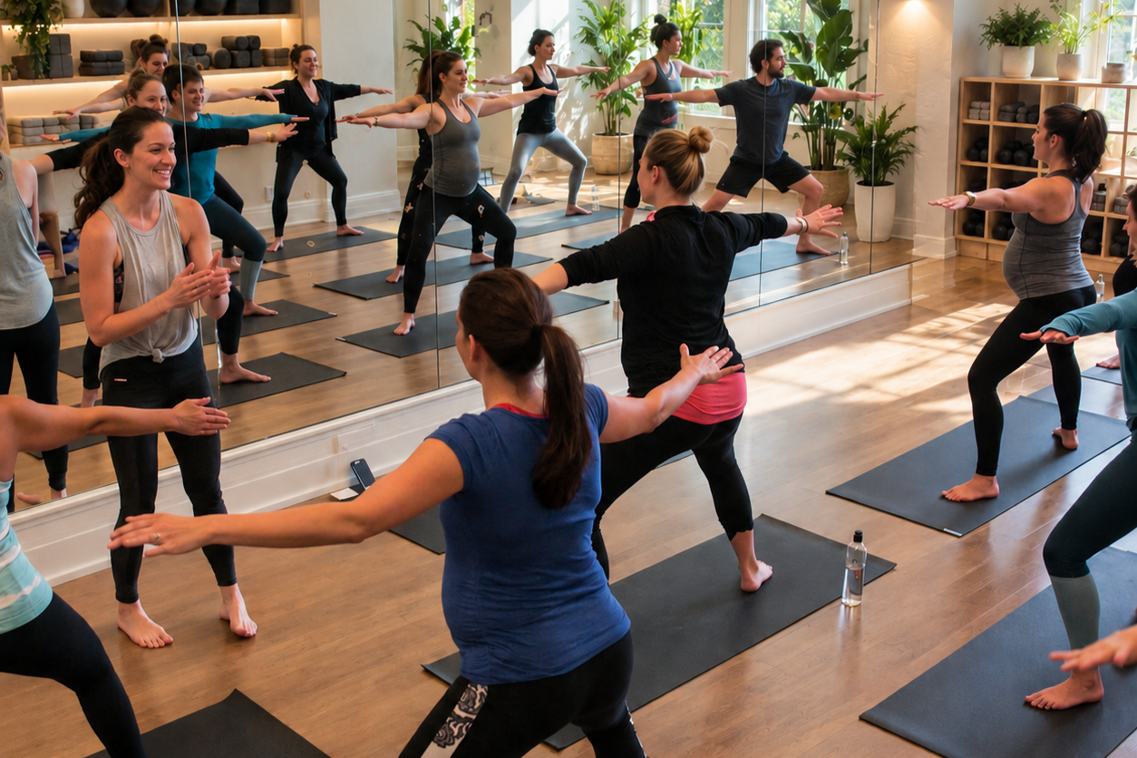 Group yoga class in a studio with participants following instructor's pose in front mirror.