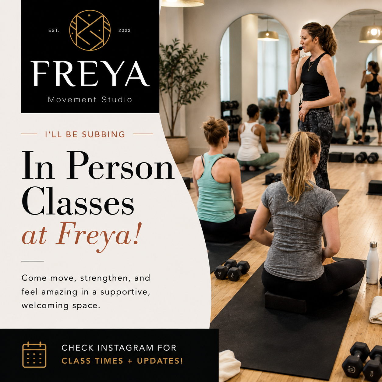 Joanie Teaching in person classes + Freya