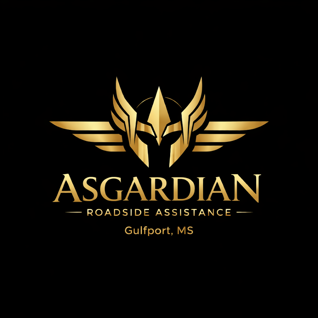 Gold and black logo for Asgardian Roadside Assistance in Gulfport, Mississippi, featuring a stylized helmet with wings.