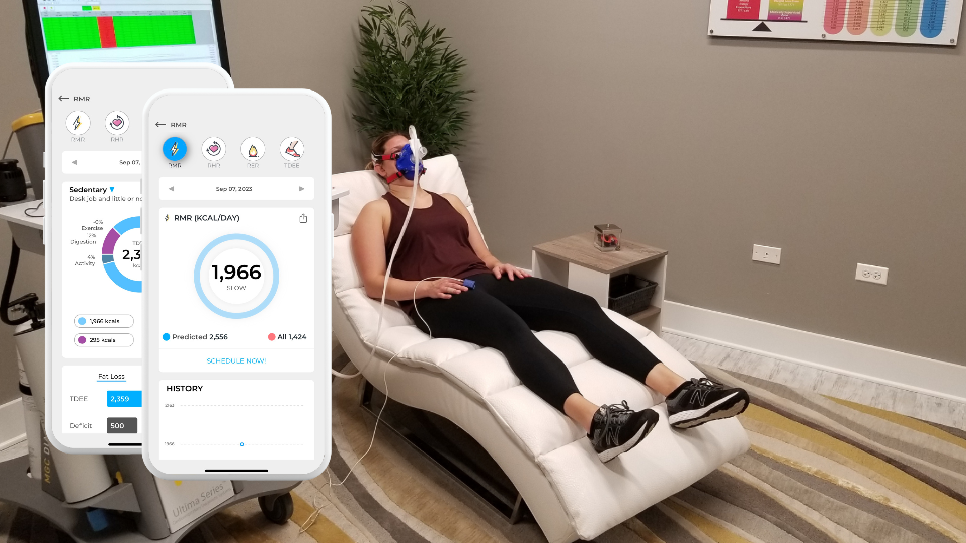 A woman lying on a medical recliner undergoing a sleep study, connected to monitoring equipment, with fitness tracking app interfaces on a device in the foreground.