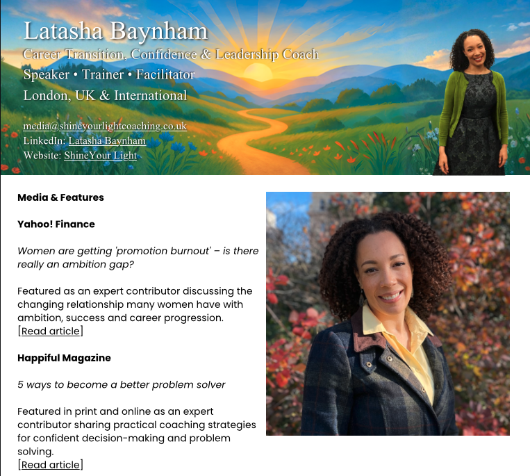 Media kit for Latasha Baynham, London-based confidence, career transition and leadership coach.