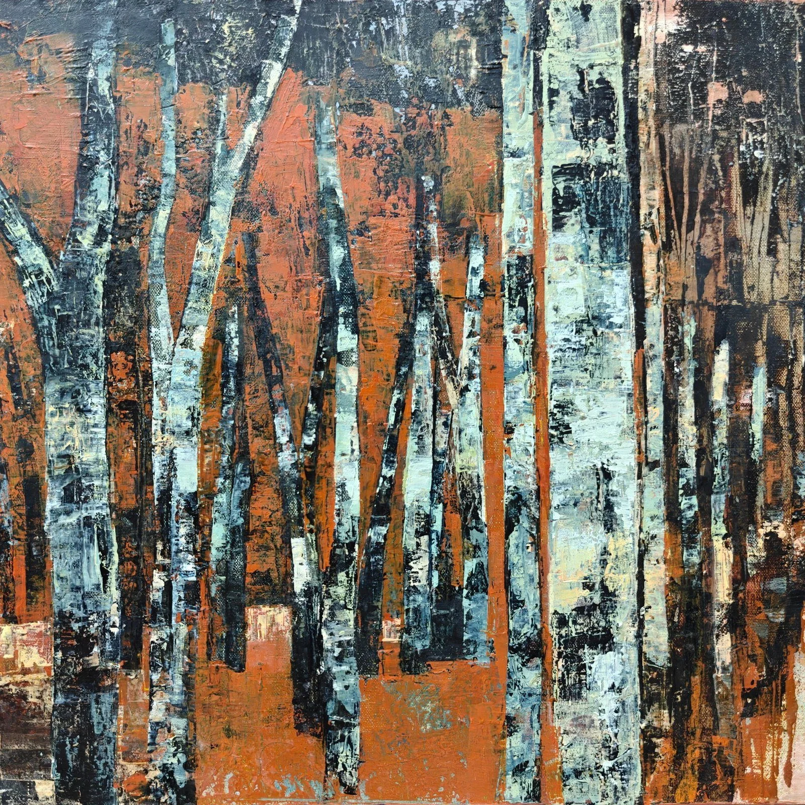 Abstract painting of trees with textured black, white, orange, and gray vertical lines and blocks.