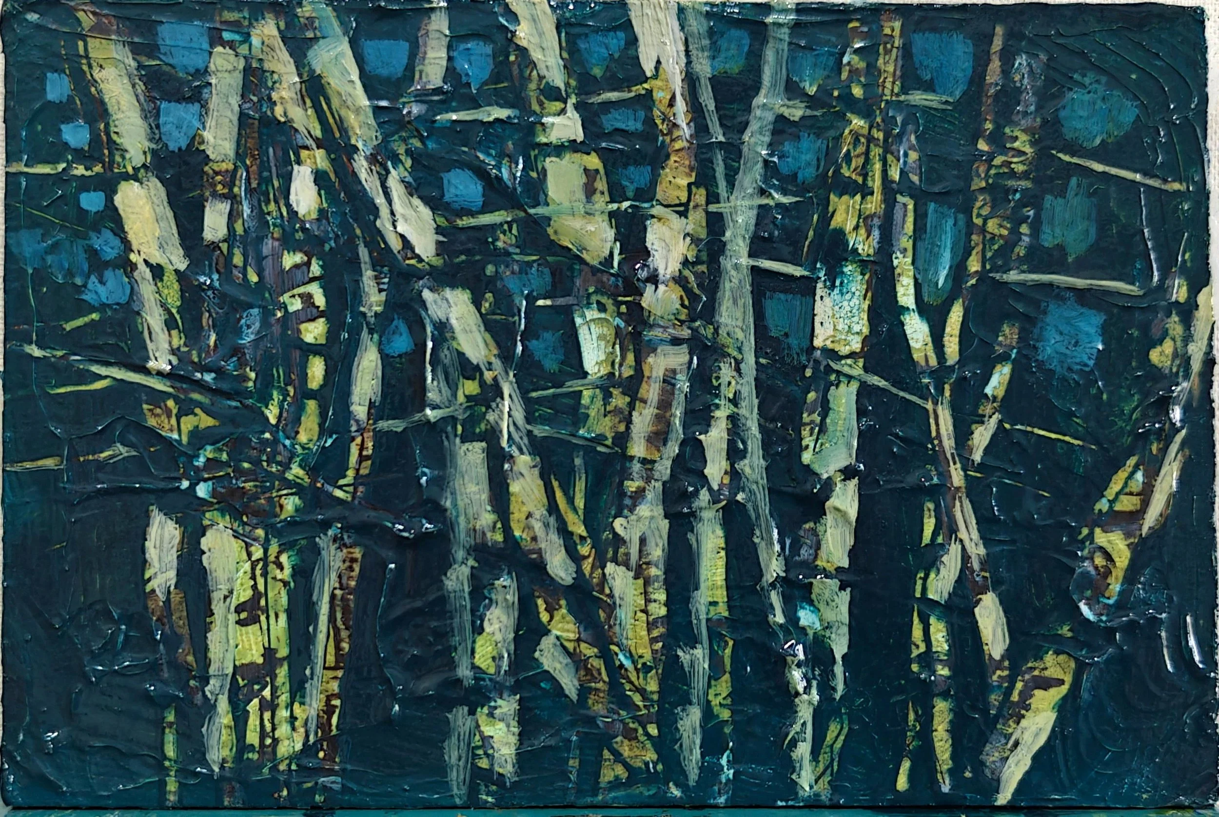 An abstract painting featuring dark background with streaks of yellow, white, green, and blue paint layered in a textured pattern resembling trees.
