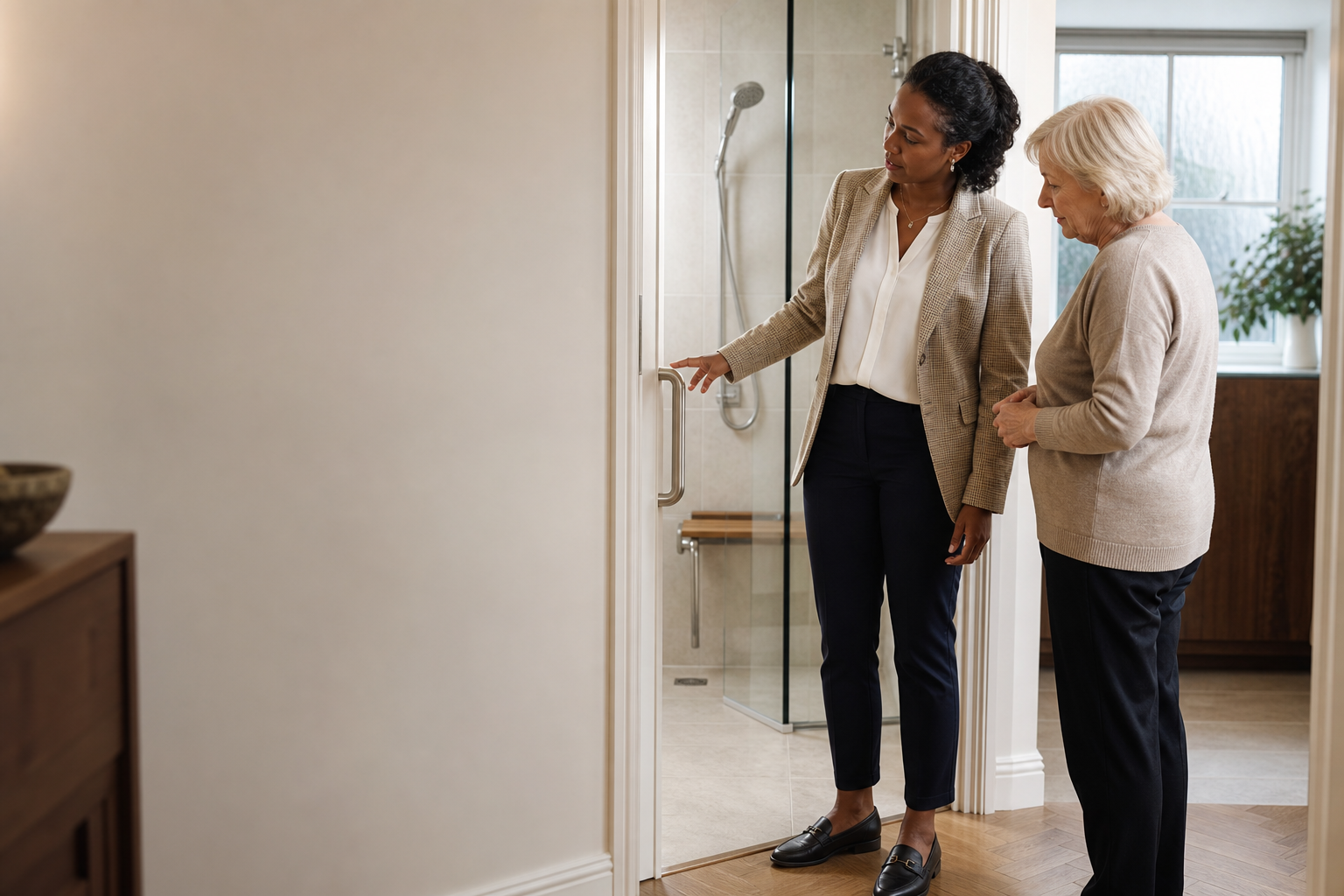 Occupational therapist reviewing a level-access bathroom with an older adult.