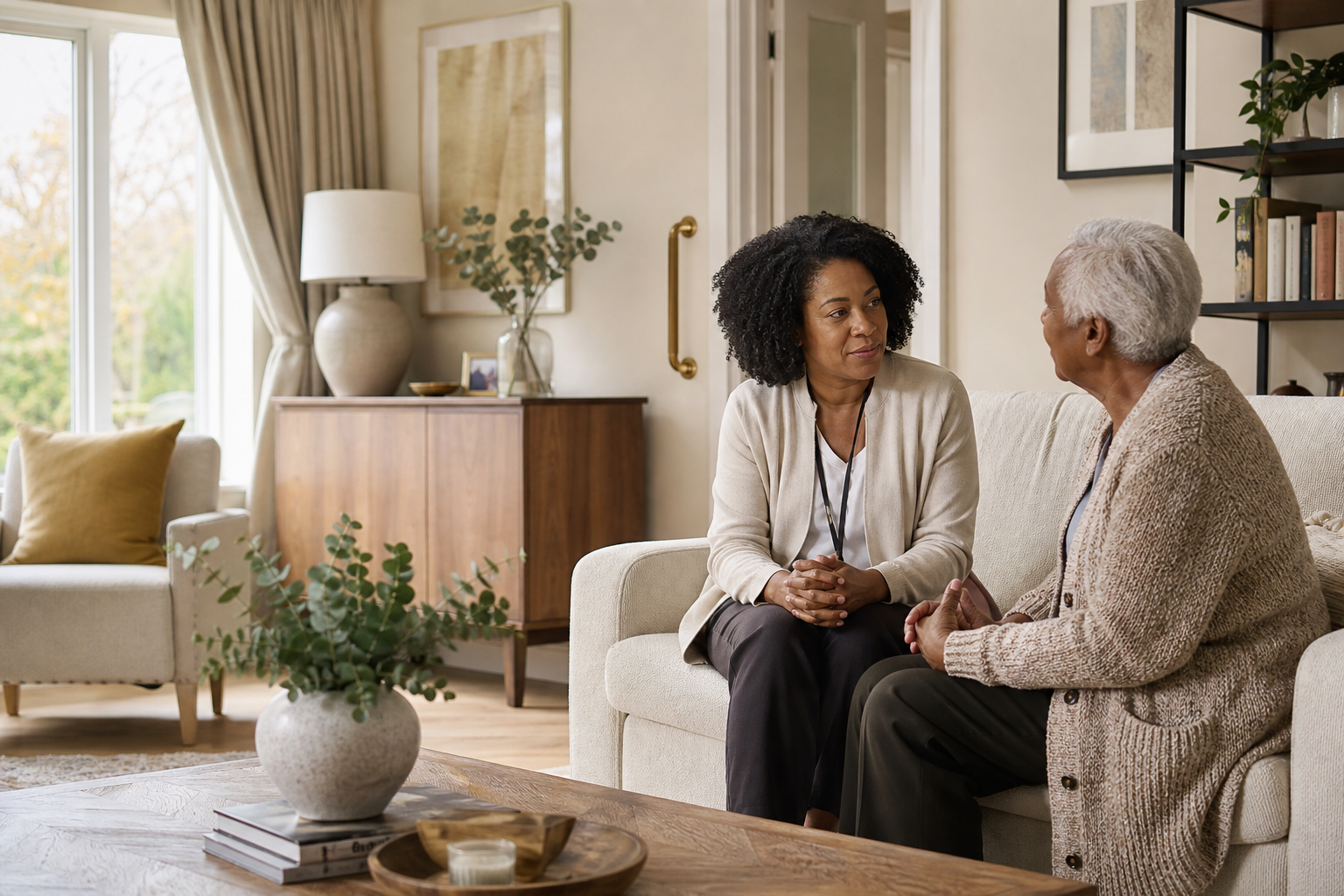 Occupational therapist discussing daily function with an older adult in a calm home setting.